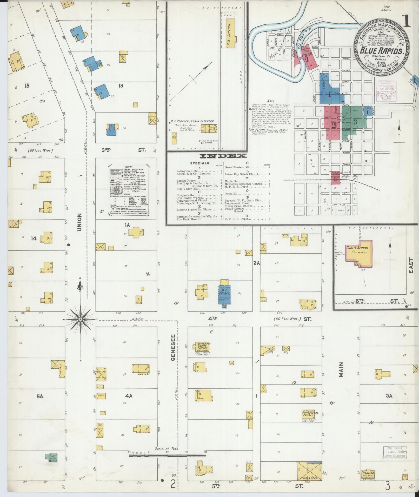 Sanborn Fire Insurance Map from Blue Rapids, Marshall County, Kansas (1905), Sheet #0001 - Complete Map Set gallery image, historic Sanborn map, vintage wall art, Kansas Kansas