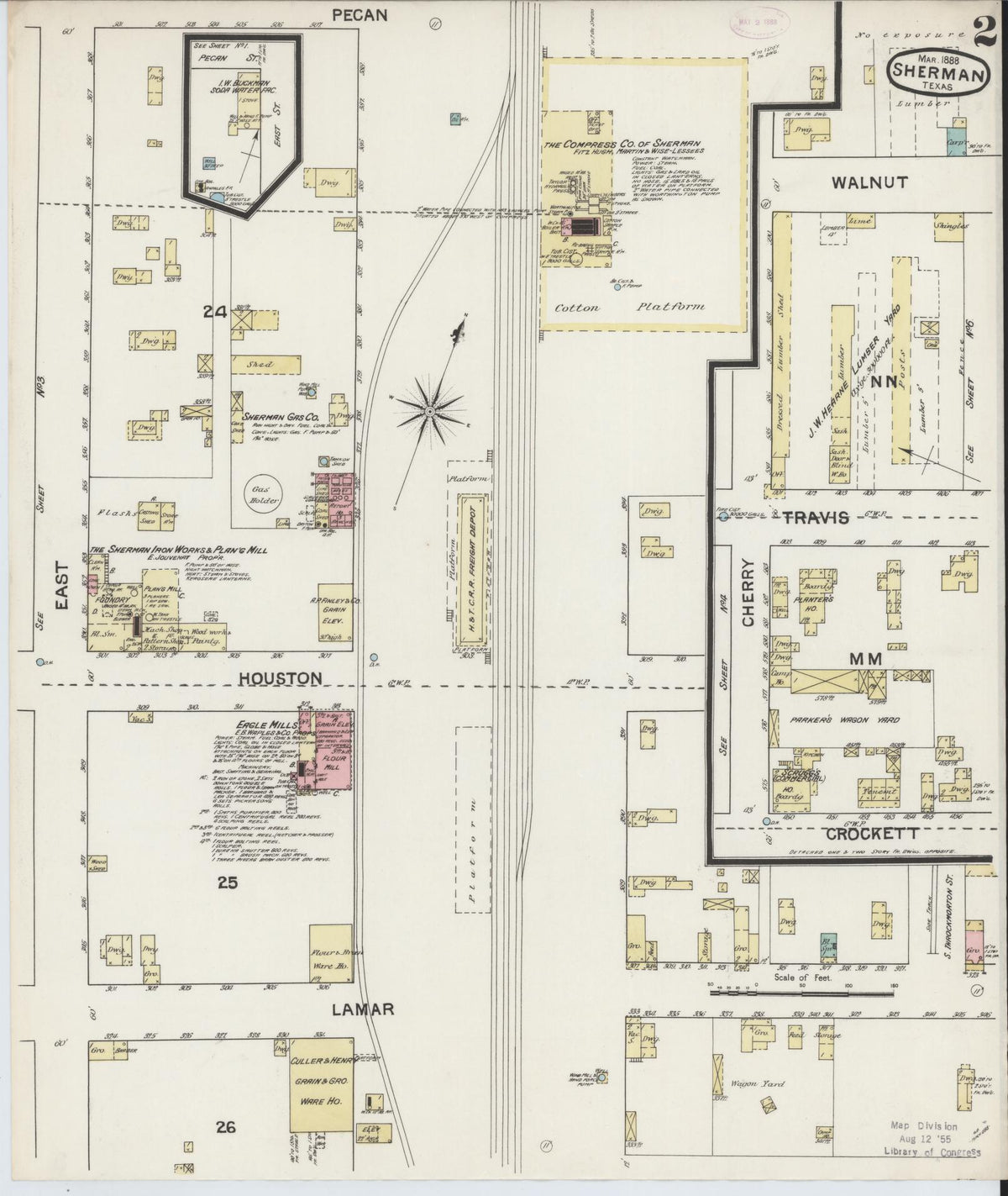Sanborn Fire Insurance Map from Sherman, Grayson County, Texas (1888), Sheet #0002 - Complete Map Set gallery image, historic Sanborn map, vintage wall art, Texas Texas
