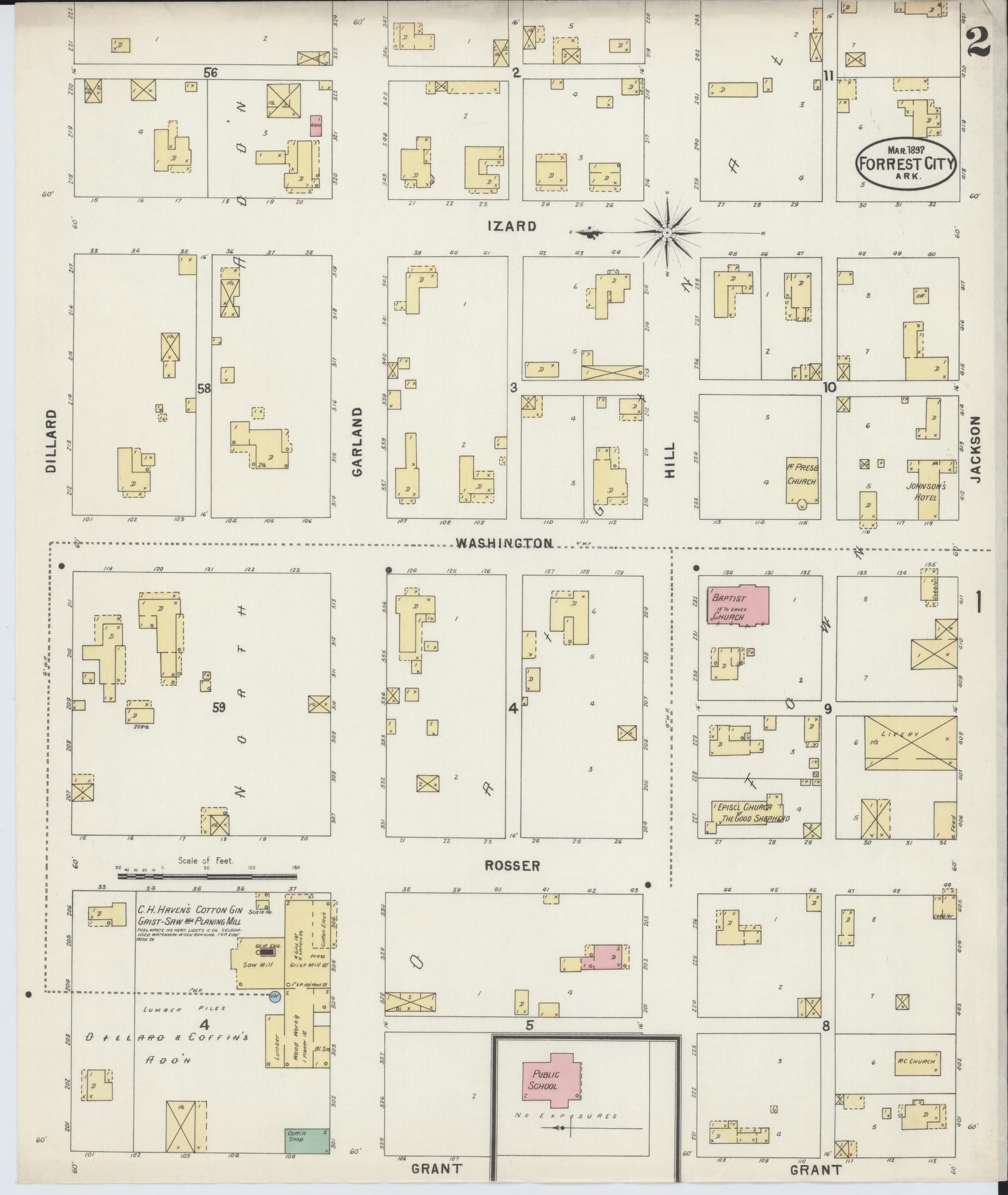 Sanborn Fire Insurance Map from Forrest City, Saint Francis County, Arkansas (1897), Sheet #0002 - Complete Map Set gallery image, historic Sanborn map, vintage wall art, Arkansas Arkansas