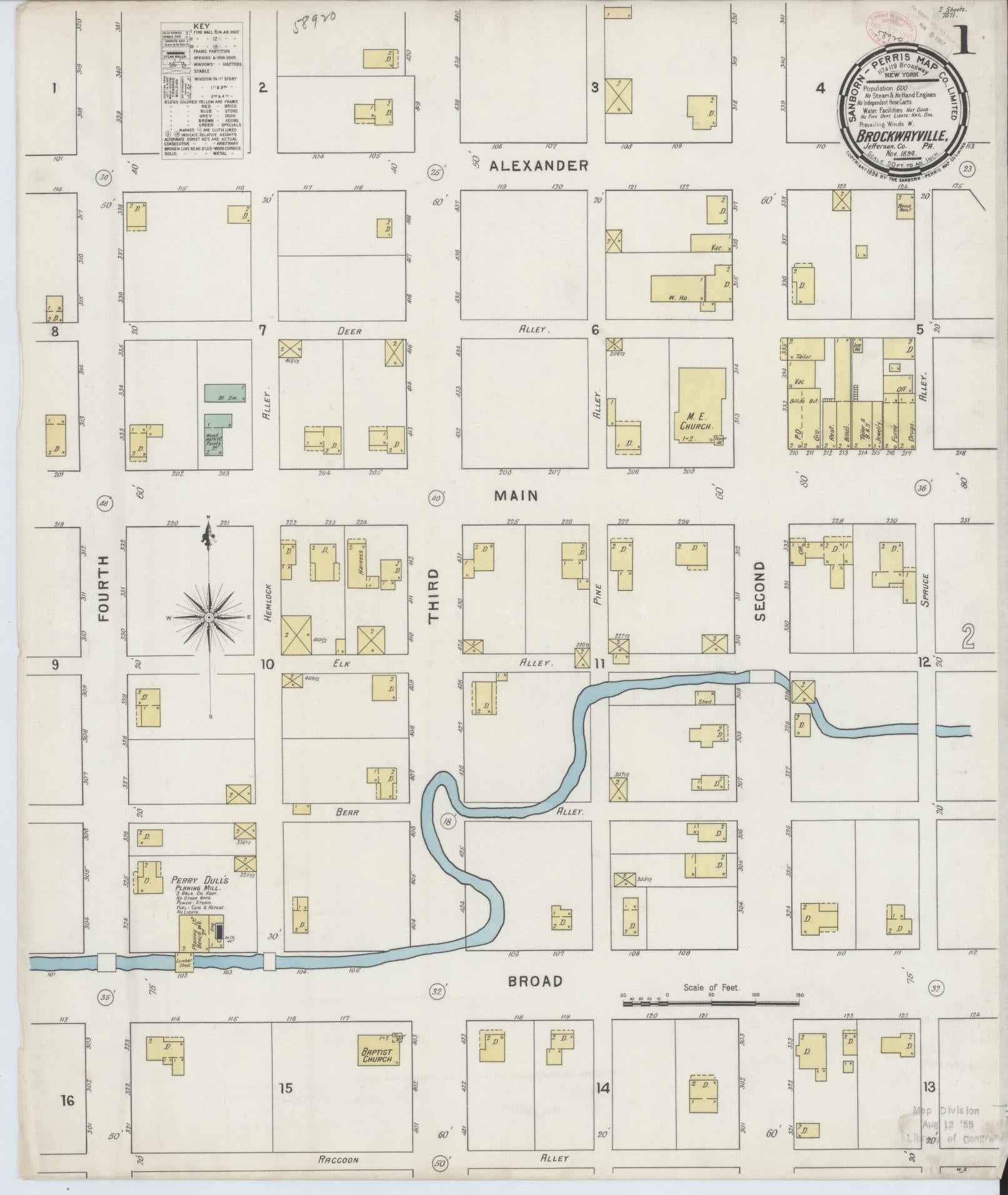 Sanborn Fire Insurance Map from Brockway, Jefferson County, Pennsylvania (1894), Sheet #0001 - Historic Sanborn Fire Insurance Map Print, vintage old map wall art, antique decor, genealogy gift, Pennsylvania Pennsylvania map