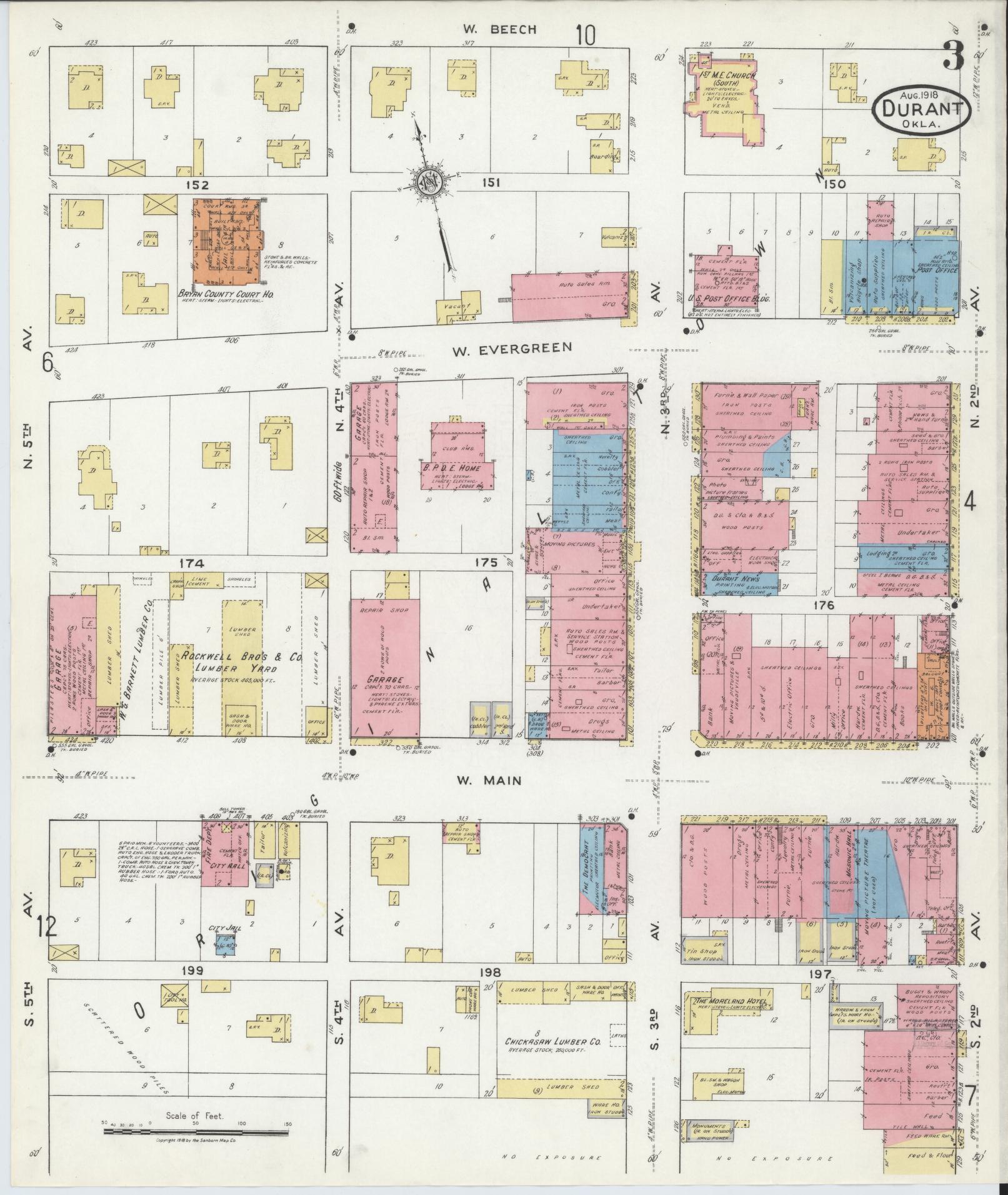 Sanborn Fire Insurance Map from Durant, Bryan County, Oklahoma (1918), Sheet #0003 - Historic Sanborn Fire Insurance Map Print, vintage old map wall art, antique decor, genealogy gift, Oklahoma Oklahoma map