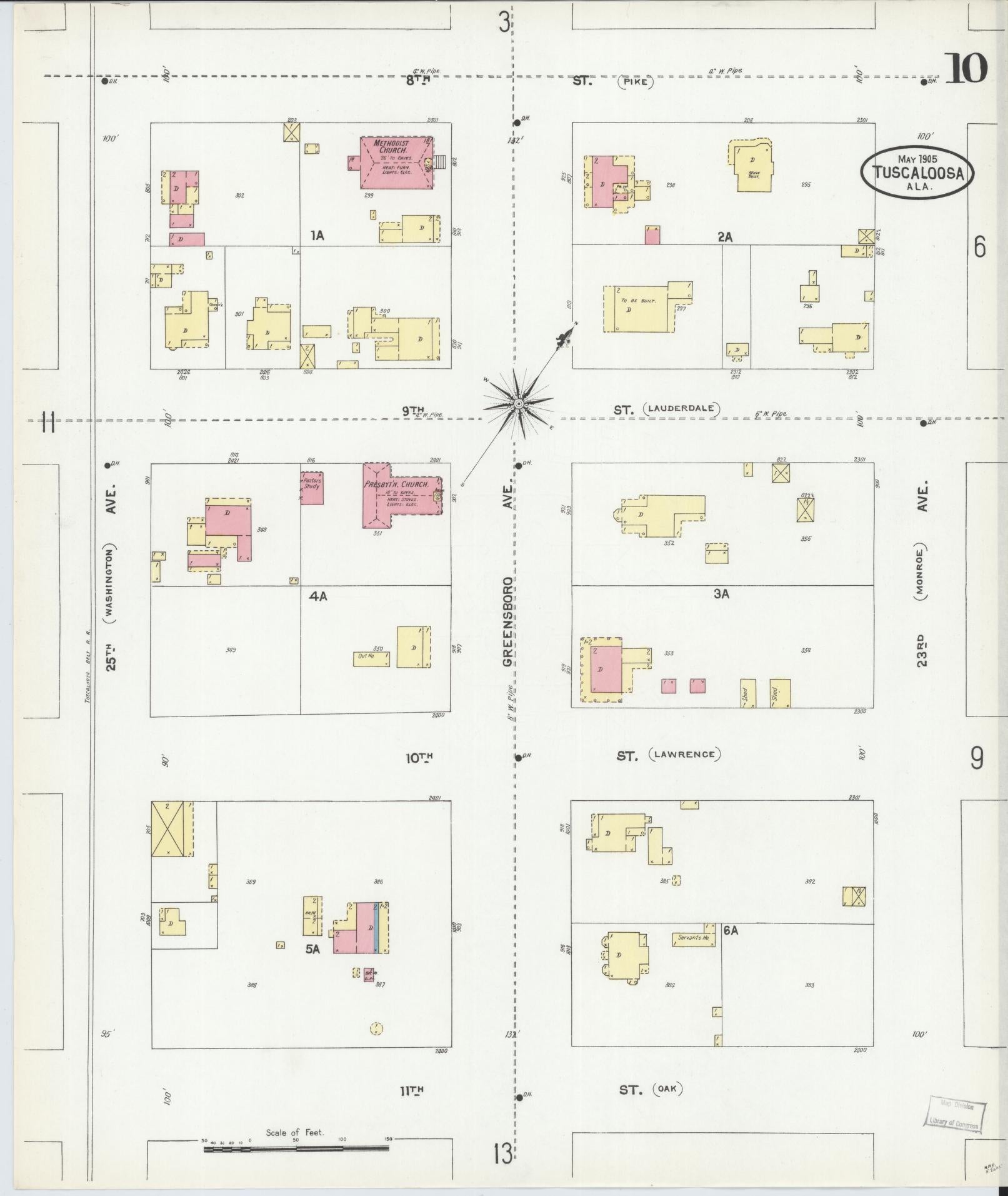 Sanborn Fire Insurance Map from Tuscaloosa, Tuscaloosa County, Alabama (1905), Sheet #0010 - Complete Map Set gallery image, historic Sanborn map, vintage wall art, Alabama Alabama