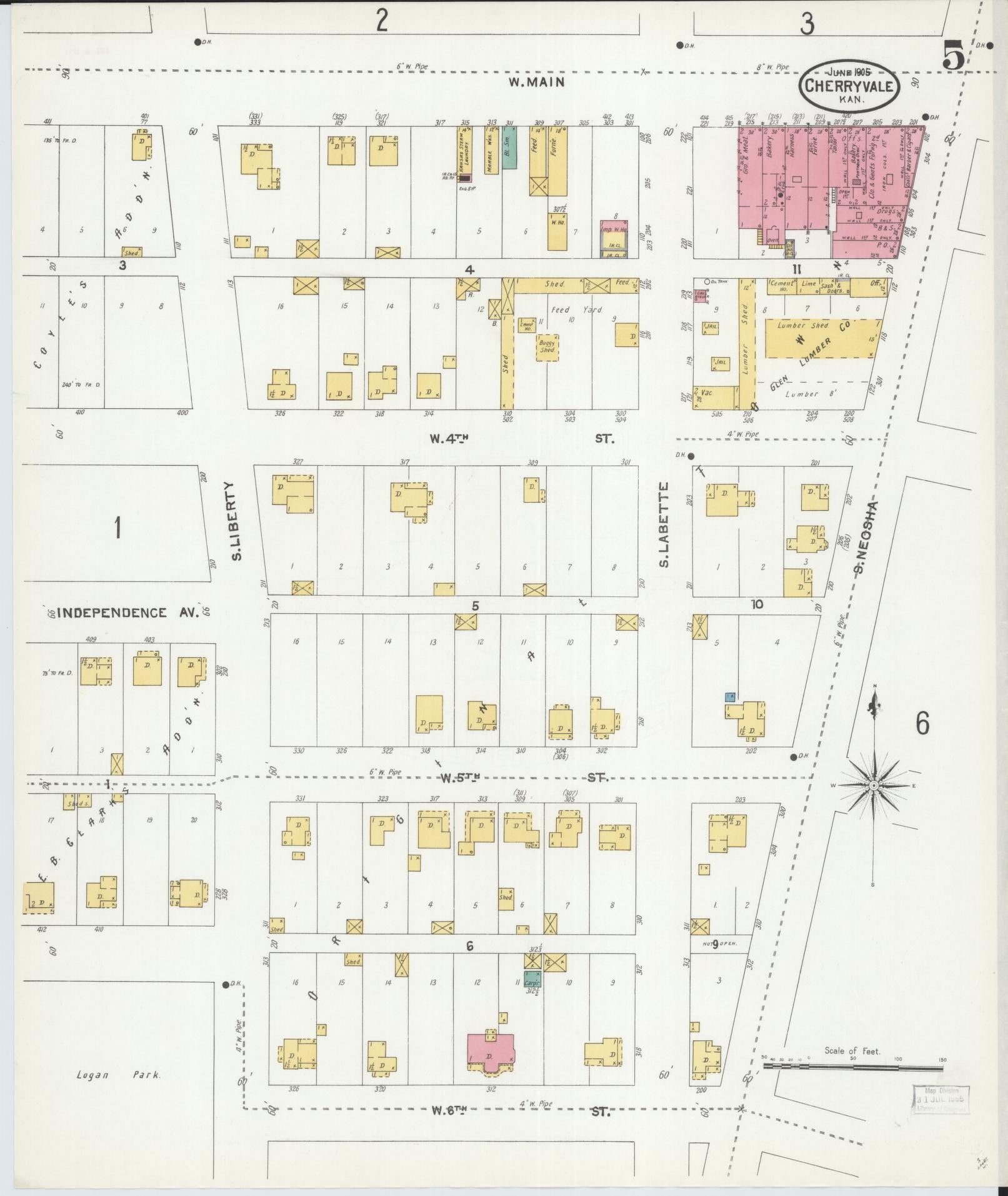 Sanborn Fire Insurance Map from Cherryvale, Montgomery County, Kansas (1905), Sheet #0005 - Historic Sanborn Fire Insurance Map Print, vintage old map wall art, antique decor, genealogy gift, Kansas Kansas map