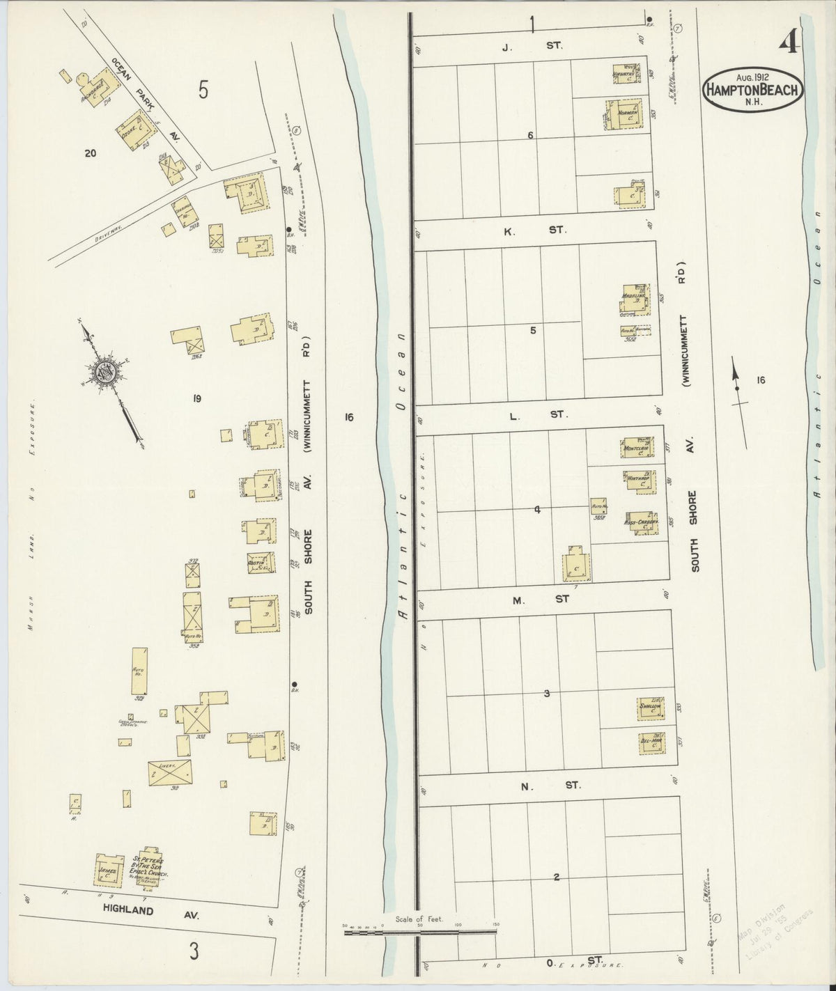 Sanborn Fire Insurance Map from Hampton Beach, Rockingham County, New Hampshire (1912), Sheet #0004 - Historic Sanborn Fire Insurance Map Print, vintage old map wall art, antique decor, genealogy gift, New Hampshire New Hampshire map