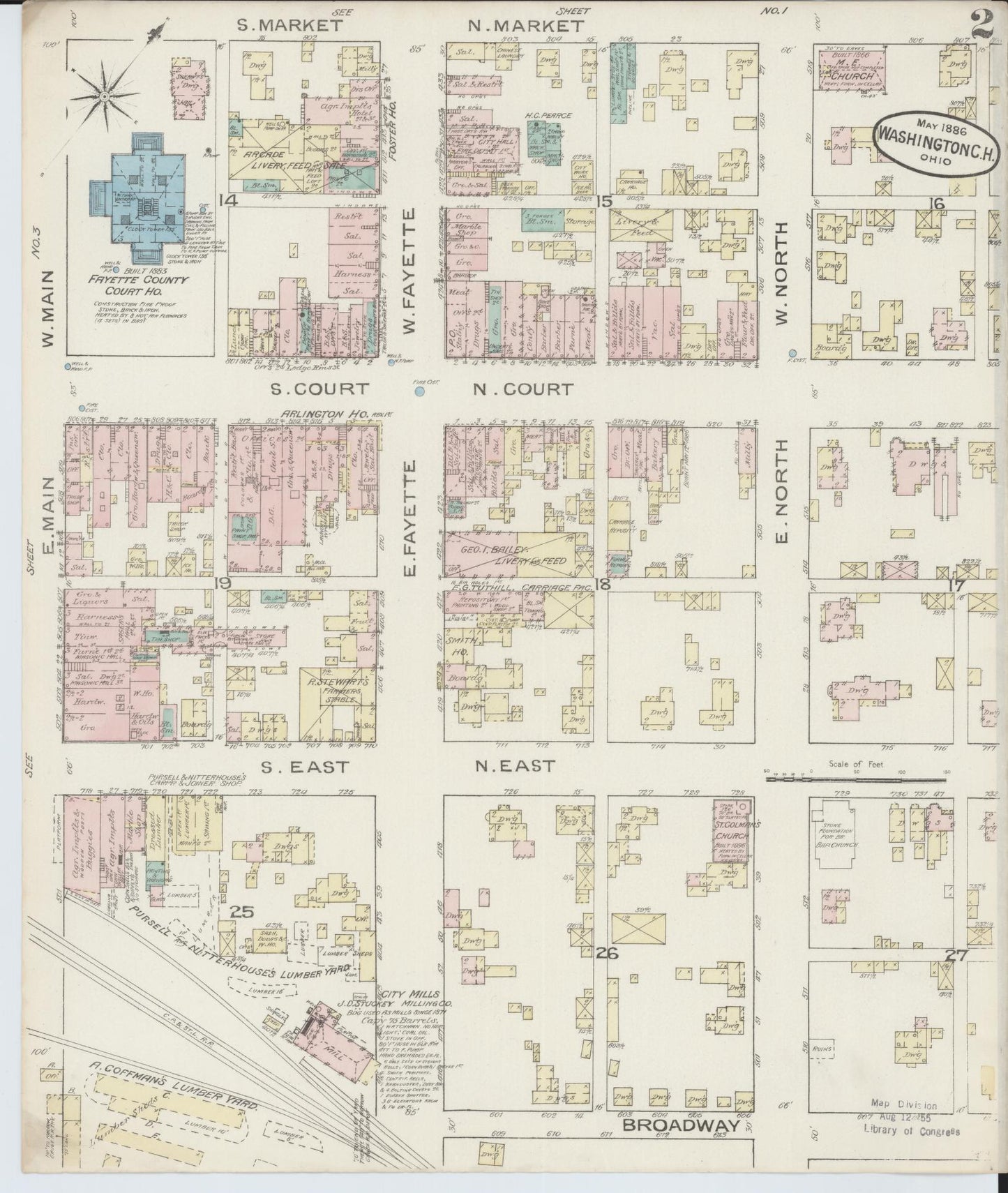 Sanborn Fire Insurance Map from Washington Court House, Fayette County, Ohio (1886), Sheet #0002 - Historic Sanborn Fire Insurance Map Print, vintage old map wall art, antique decor, genealogy gift, Ohio Ohio map