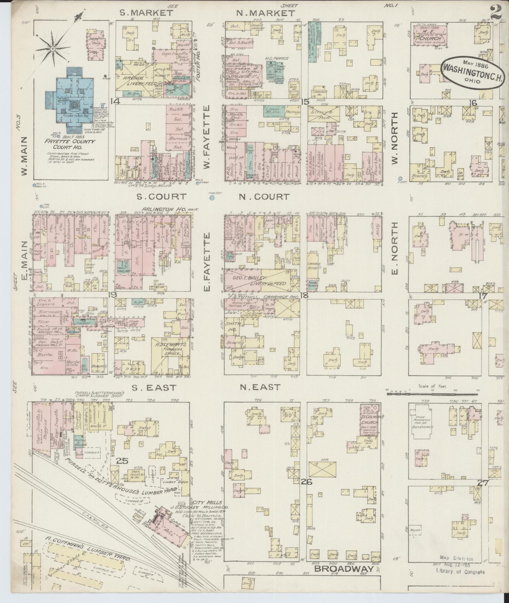 Sanborn Fire Insurance Map from Washington Court House, Fayette County, Ohio (1886), Sheet #0002 - Historic Sanborn Fire Insurance Map Print, vintage old map wall art, antique decor, genealogy gift, Ohio Ohio map