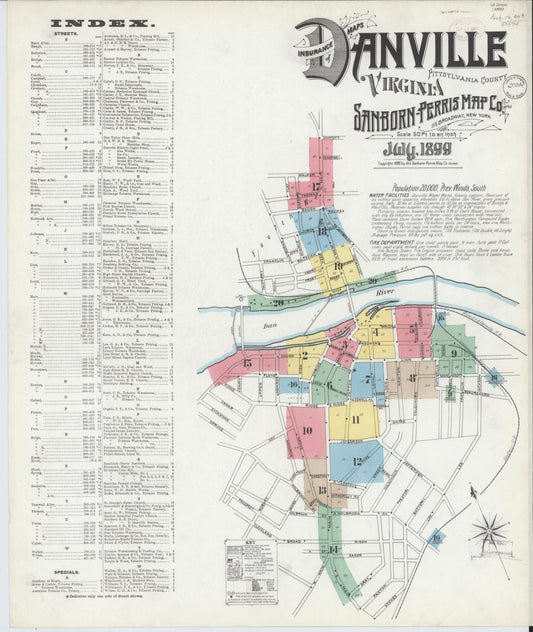 Sanborn Fire Insurance Map from Danville, Independent Cities, Virginia (1899), Sheet #0001 - Historic Sanborn Fire Insurance Map Print, vintage old map wall art, antique decor, genealogy gift, Virginia Virginia map