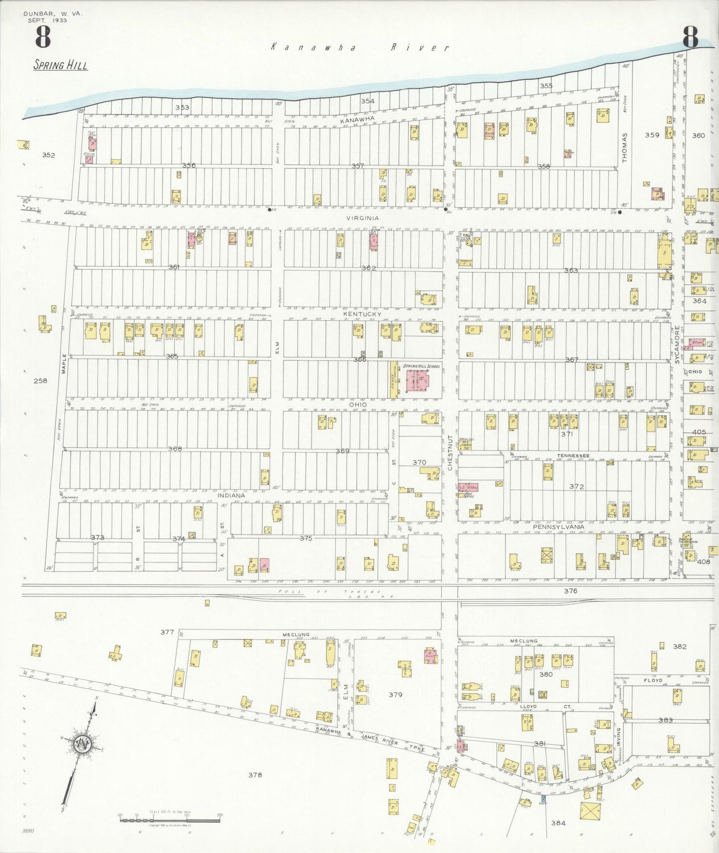 Sanborn Fire Insurance Map from Dunbar, Kanawha County, West Virginia (1933), Sheet #0008 - Complete Map Set gallery image, historic Sanborn map, vintage wall art, West Virginia West Virginia