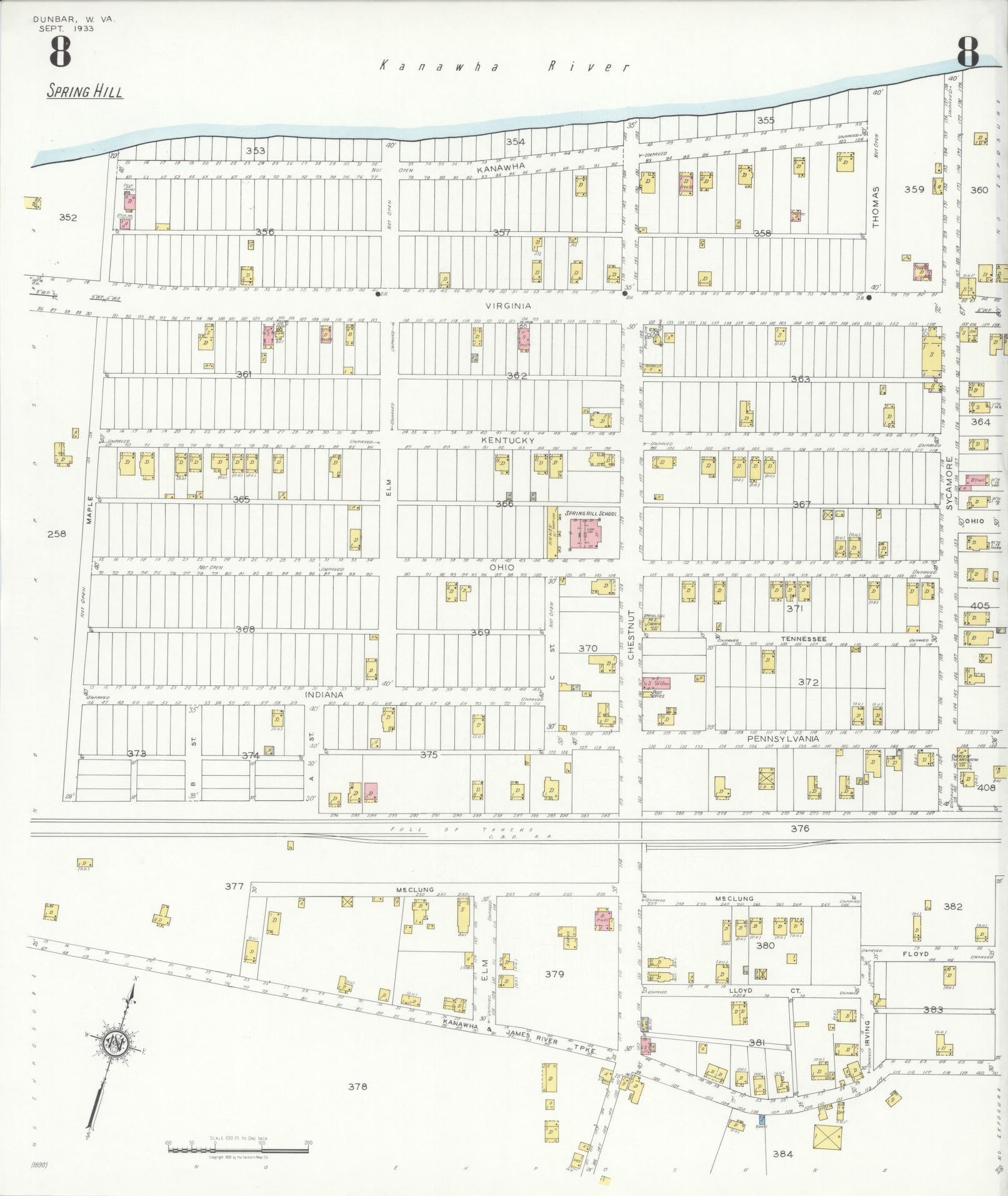 Sanborn Fire Insurance Map from Dunbar, Kanawha County, West Virginia (1933), Sheet #0008 - Complete Map Set gallery image, historic Sanborn map, vintage wall art, West Virginia West Virginia