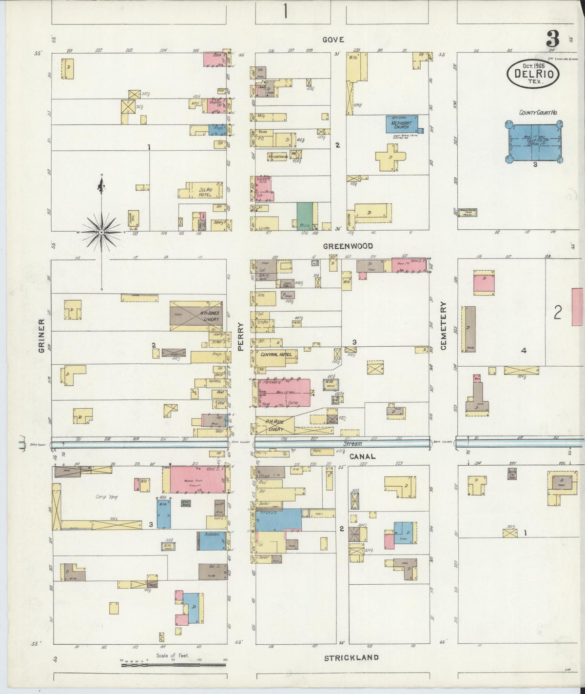 Sanborn Fire Insurance Map from Del Rio, Val Verde County, Texas (1905), Sheet #0003 - Complete Map Set gallery image, historic Sanborn map, vintage wall art, Texas Texas