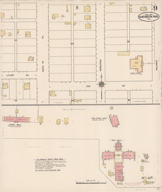 Sanborn Fire Insurance Map from Huntington Park, Los Angeles County, California (1910), Sheet #0009 - Historic Sanborn Fire Insurance Map Print, vintage old map wall art, antique decor, genealogy gift, California California map