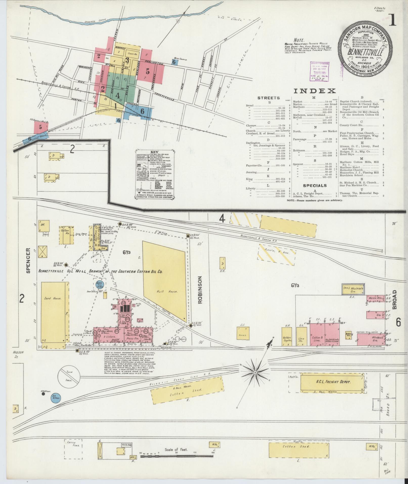 Sanborn Fire Insurance Map from Bennettsville, Marlboro County, South Carolina (1906), Sheet #0001 - Complete Map Set gallery image, historic Sanborn map, vintage wall art, South Carolina South Carolina