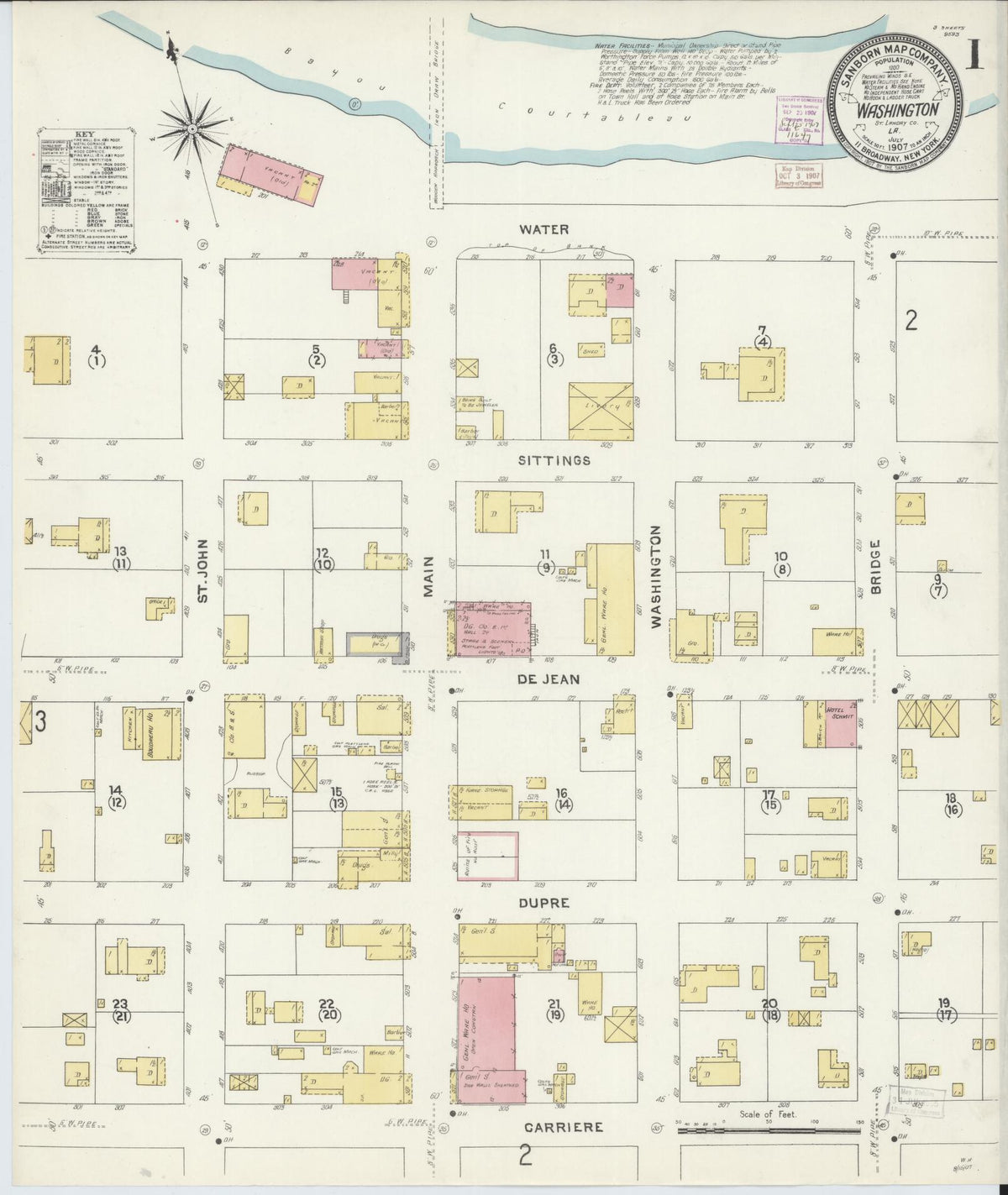 Sanborn Fire Insurance Map from Washington, Saint Landry Parish, Louisiana (1907), Sheet #0001 - Complete Map Set gallery image, historic Sanborn map, vintage wall art, Washington Washington