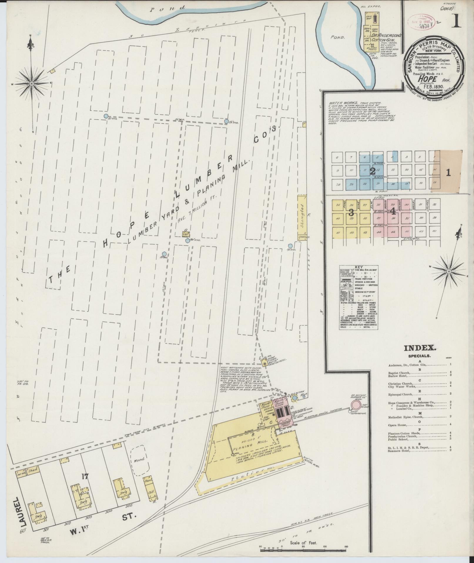 Sanborn Fire Insurance Map from Hope, Hempstead County, Arkansas (1890), Sheet #0001 - Complete Map Set gallery image, historic Sanborn map, vintage wall art, Arkansas Arkansas