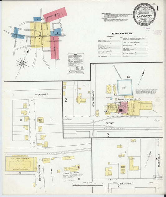 Sanborn Fire Insurance Map from Edwards, Hinds County, Mississippi (1909), Sheet #0001 - Historic Sanborn Fire Insurance Map Print, vintage old map wall art, antique decor, genealogy gift, Mississippi Mississippi map