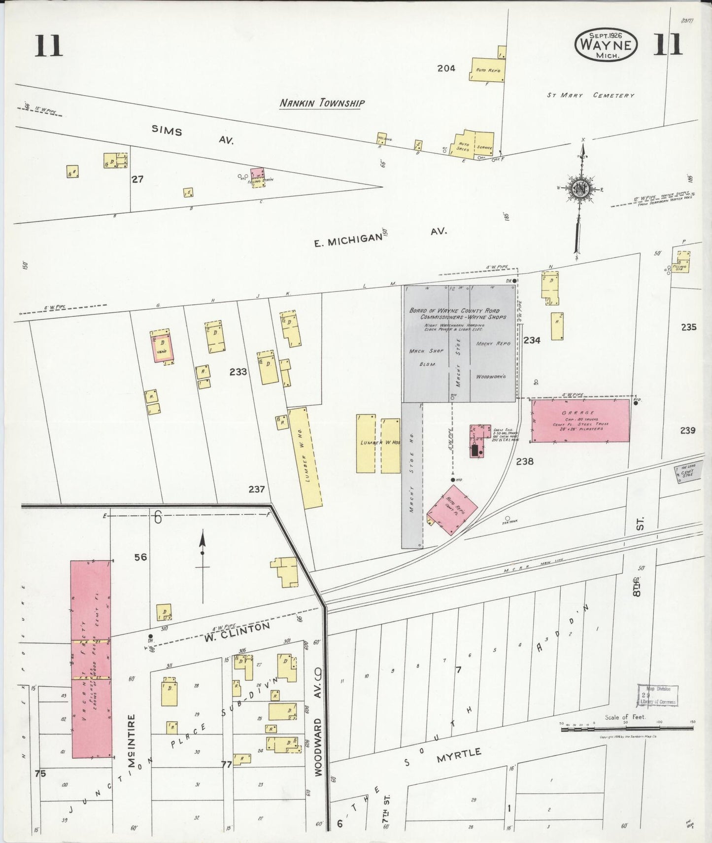 Sanborn Fire Insurance Map from Wayne, Wayne County, Michigan (1926), Sheet #0011 - Complete Map Set gallery image, historic Sanborn map, vintage wall art, Michigan Michigan