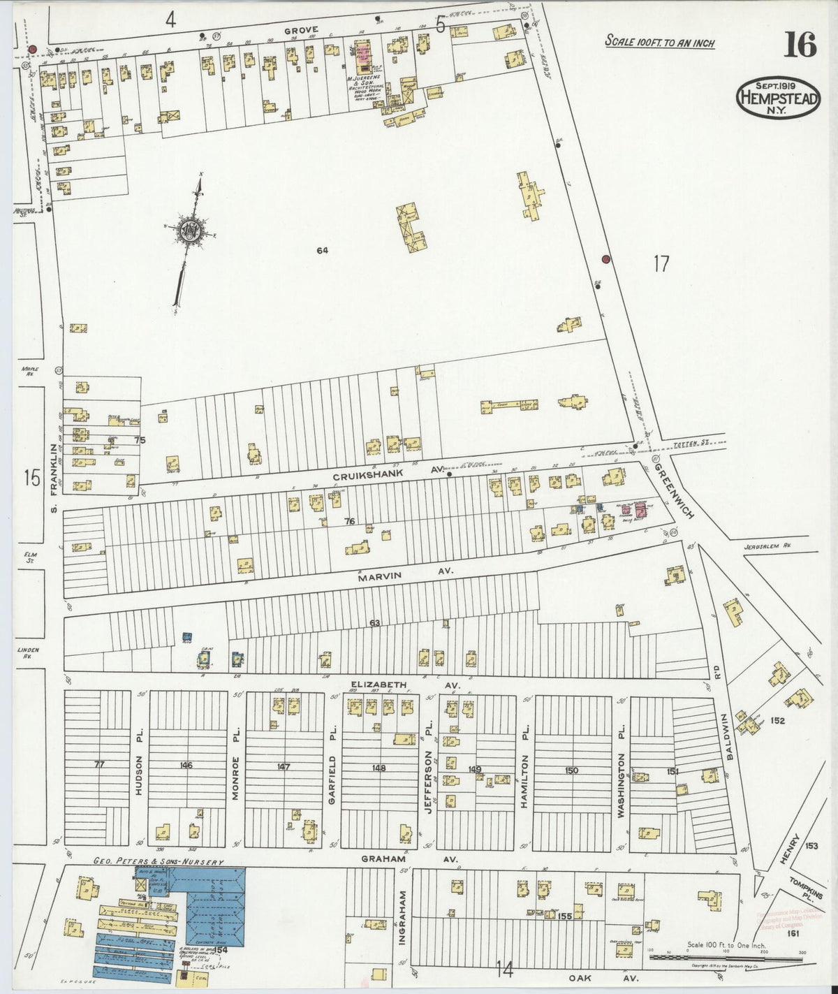 Sanborn Fire Insurance Map from Hempstead, Nassau County, New York (1919), Sheet #0016 - Complete Map Set gallery image, historic Sanborn map, vintage wall art, New York New York