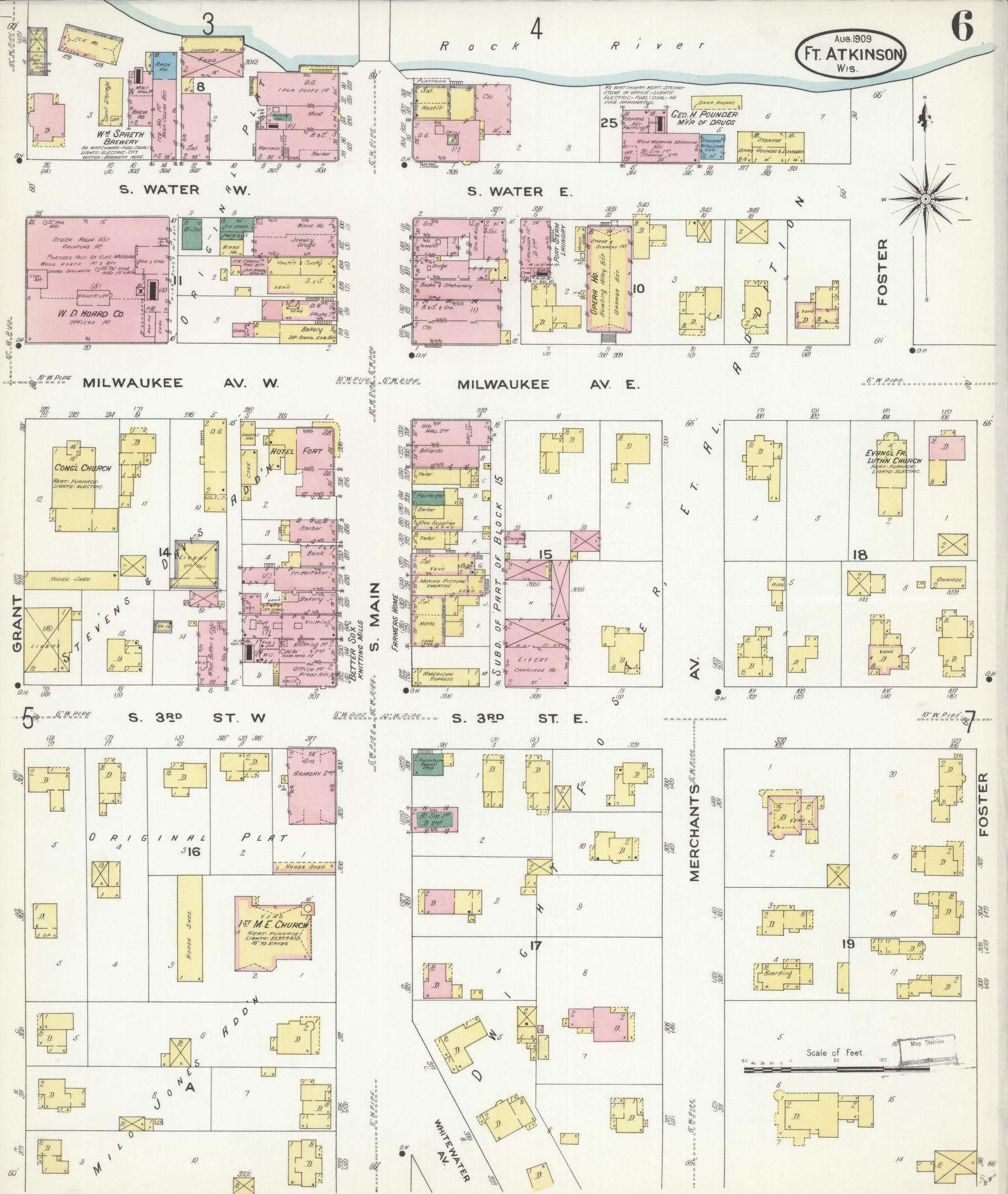Sanborn Fire Insurance Map from Fort Atkinson, Jefferson County, Wisconsin (1909), Sheet #0006 - Historic Sanborn Fire Insurance Map Print, vintage old map wall art, antique decor, genealogy gift, Wisconsin Wisconsin map
