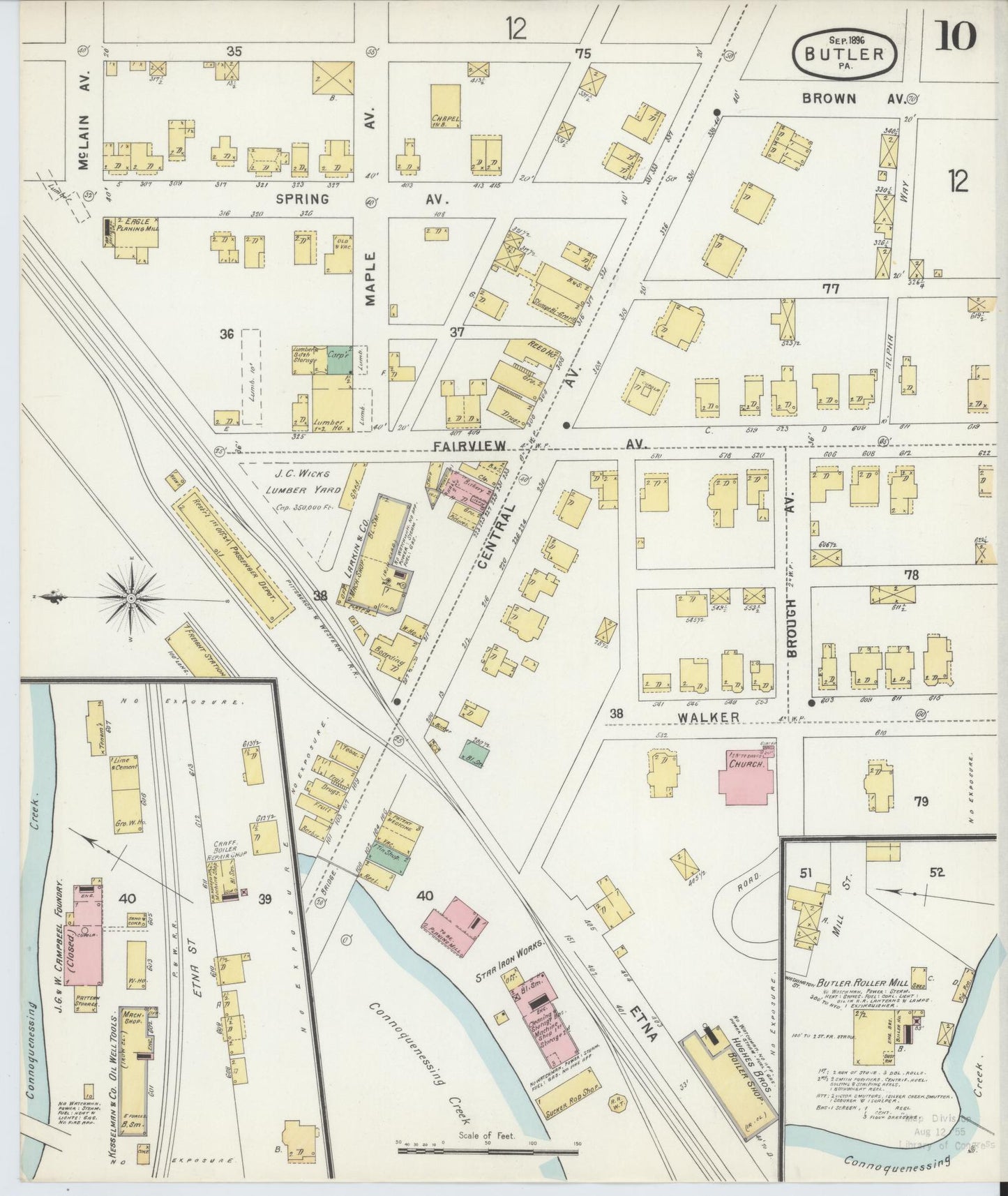Sanborn Fire Insurance Map from Butler, Butler County, Pennsylvania (1896), Sheet #0010 - Historic Sanborn Fire Insurance Map Print, vintage old map wall art, antique decor, genealogy gift, Pennsylvania Pennsylvania map