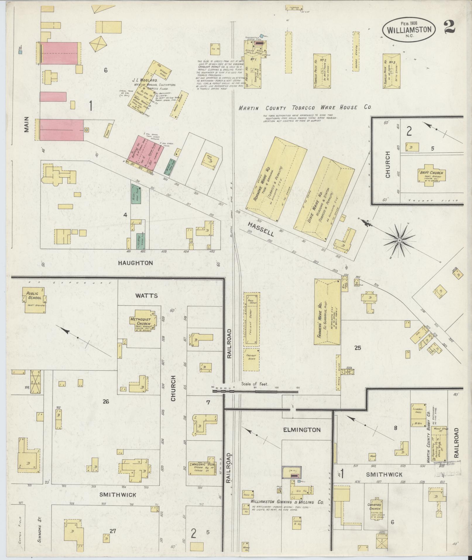 Sanborn Fire Insurance Map from Williamston, Martin County, North Carolina (1908), Sheet #0002 - Complete Map Set gallery image, historic Sanborn map, vintage wall art, North Carolina North Carolina