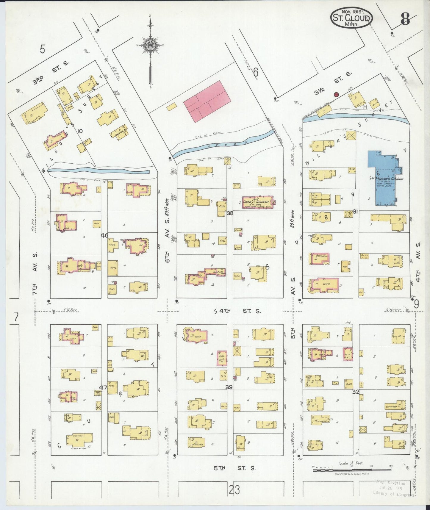 Sanborn Fire Insurance Map from Saint Cloud, Stearns, Benton, and Sherburne Counties, Minnesota (1919), Sheet #0008 - Historic Sanborn Fire Insurance Map Print, vintage old map wall art, antique decor, genealogy gift, Minnesota Minnesota map