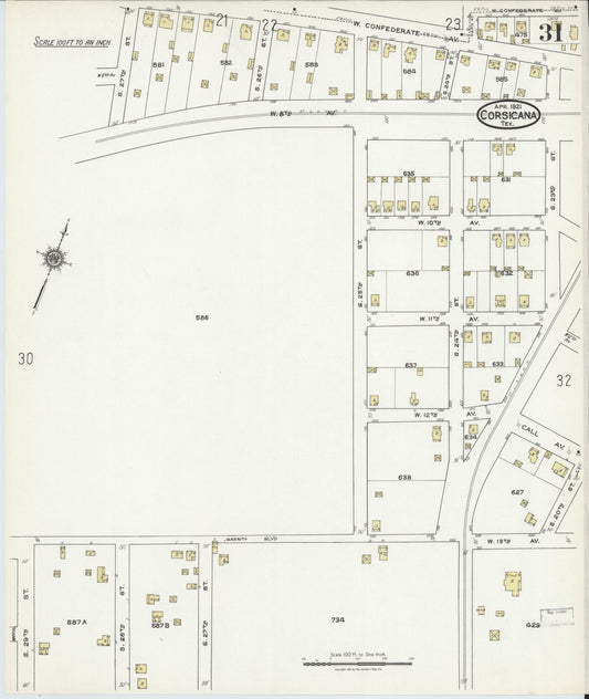 Sanborn Fire Insurance Map from Corsicana, Navarro County, Texas (1921), Sheet #0031 - Historic Sanborn Fire Insurance Map Print, vintage old map wall art, antique decor, genealogy gift, Texas Texas map