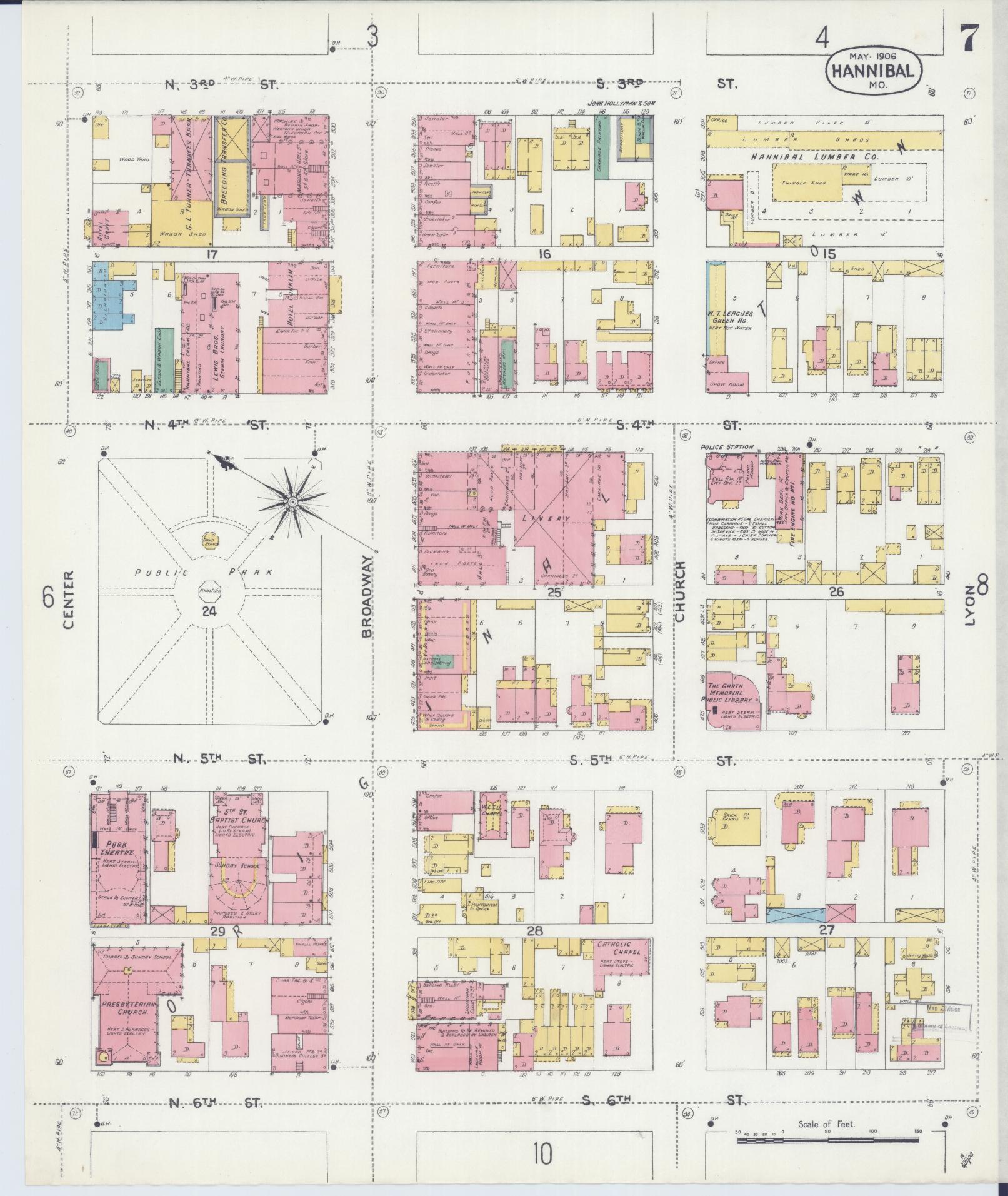 Sanborn Fire Insurance Map from Hannibal, Marion County, Missouri (1906), Sheet #0007 - Historic Sanborn Fire Insurance Map Print, vintage old map wall art, antique decor, genealogy gift, Missouri Missouri map