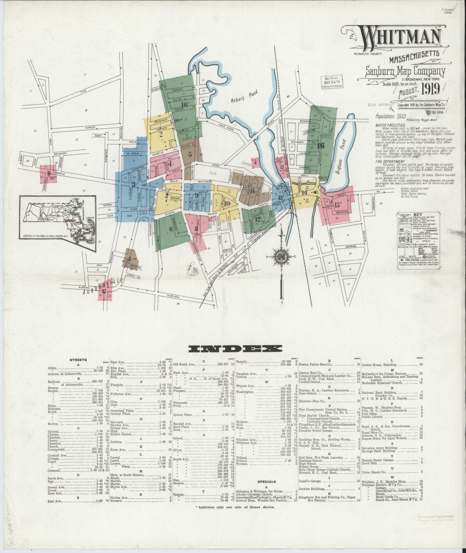 Sanborn Fire Insurance Map from Whitman, Plymouth County, Massachusetts (1919), Sheet #0001 - Historic Sanborn Fire Insurance Map Print, vintage old map wall art, antique decor, genealogy gift, Massachusetts Massachusetts map