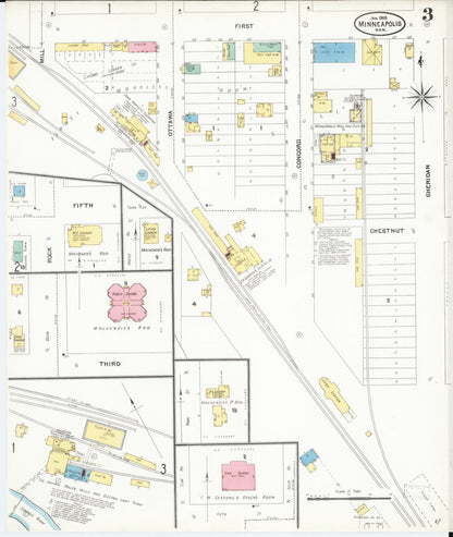 Sanborn Fire Insurance Map from Minneapolis, Ottawa  County, Kansas (1905), Sheet #0003 - Complete Map Set gallery image, historic Sanborn map, vintage wall art, Kansas Kansas