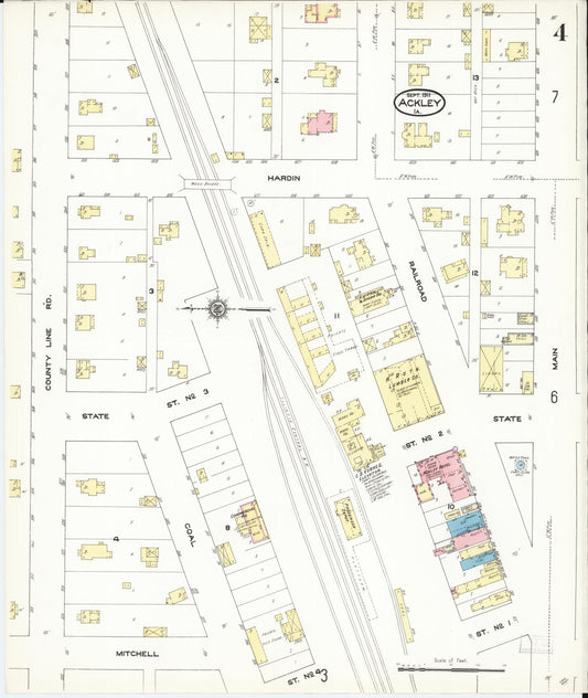 Sanborn Fire Insurance Map from Ackley, Hardin and Franklin Counties, Iowa (1911), Sheet #0004 - Historic Sanborn Fire Insurance Map Print, vintage old map wall art