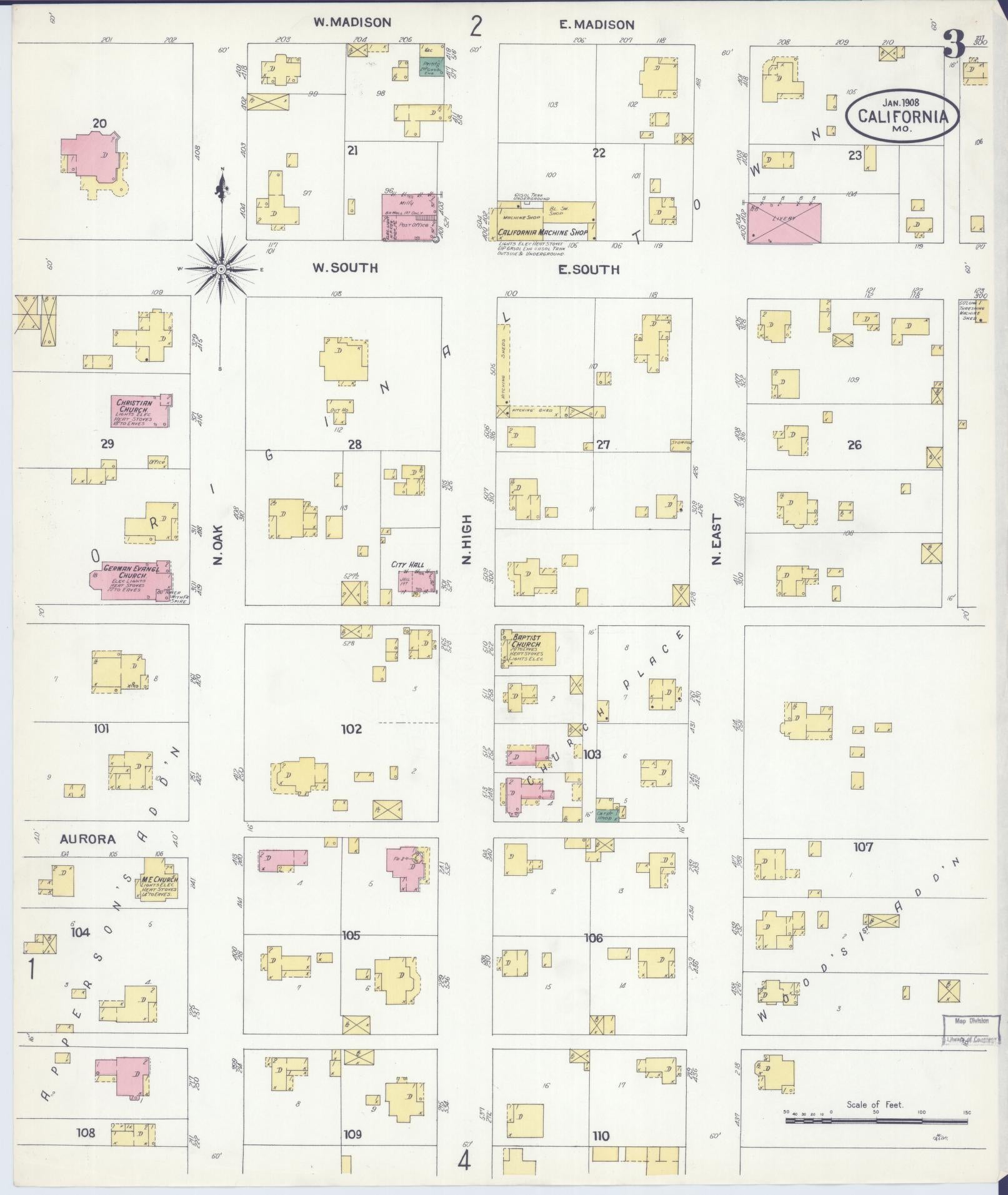 Sanborn Fire Insurance Map from California, Moniteau County, Missouri (1908), Sheet #0003 - Complete Map Set gallery image, historic Sanborn map, vintage wall art, Missouri Missouri