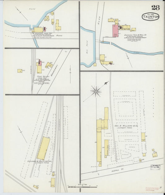Sanborn Fire Insurance Map from Taunton, Bristol County, Massachusetts (1893), Sheet #0028 - Historic Sanborn Fire Insurance Map Print, vintage old map wall art, antique decor, genealogy gift, Massachusetts Massachusetts map