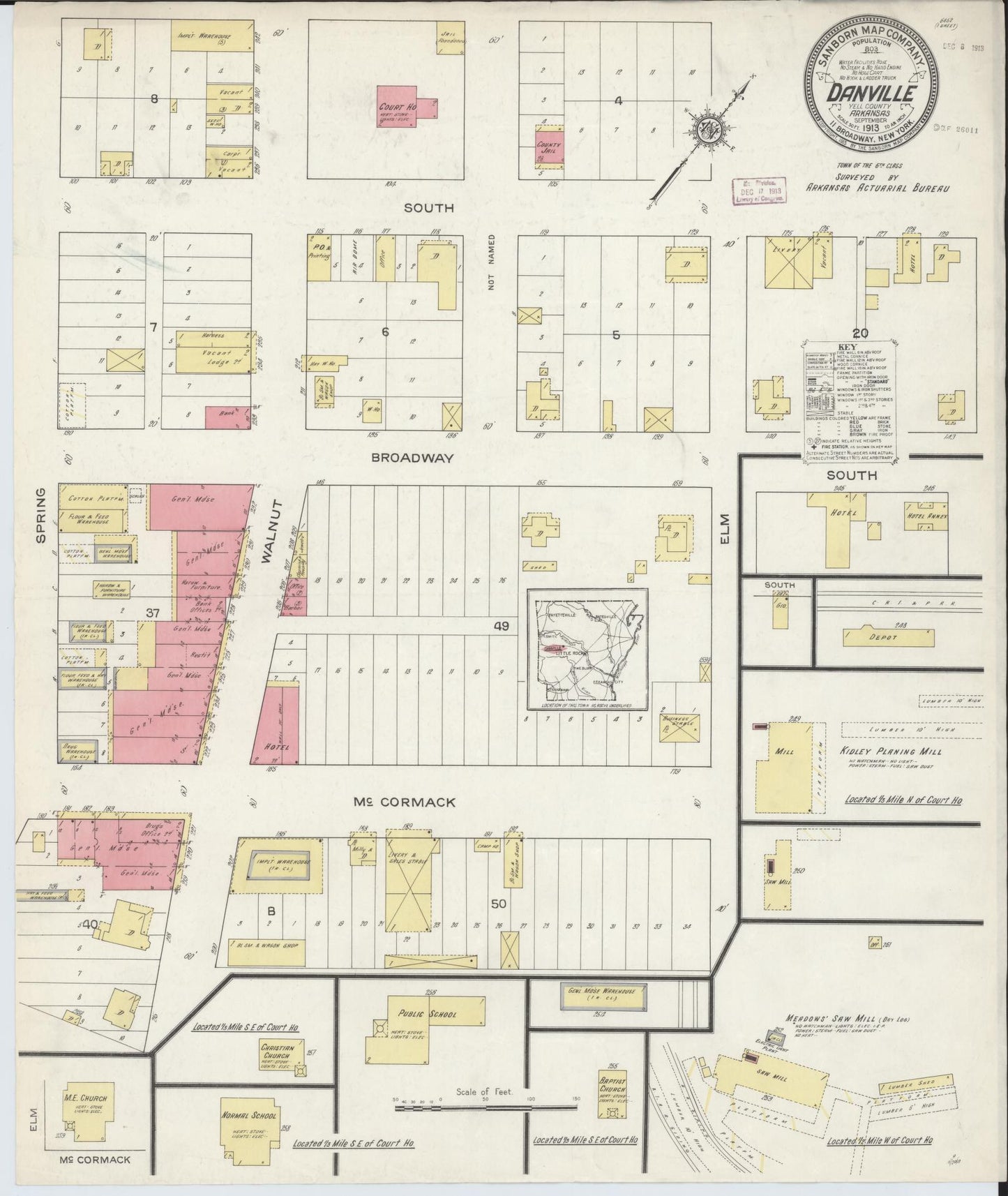 Sanborn Fire Insurance Map from Danville, Yell County, Arkansas (1913), Sheet #0001 - Historic Sanborn Fire Insurance Map Print, vintage old map wall art, antique decor, genealogy gift, Arkansas Arkansas map