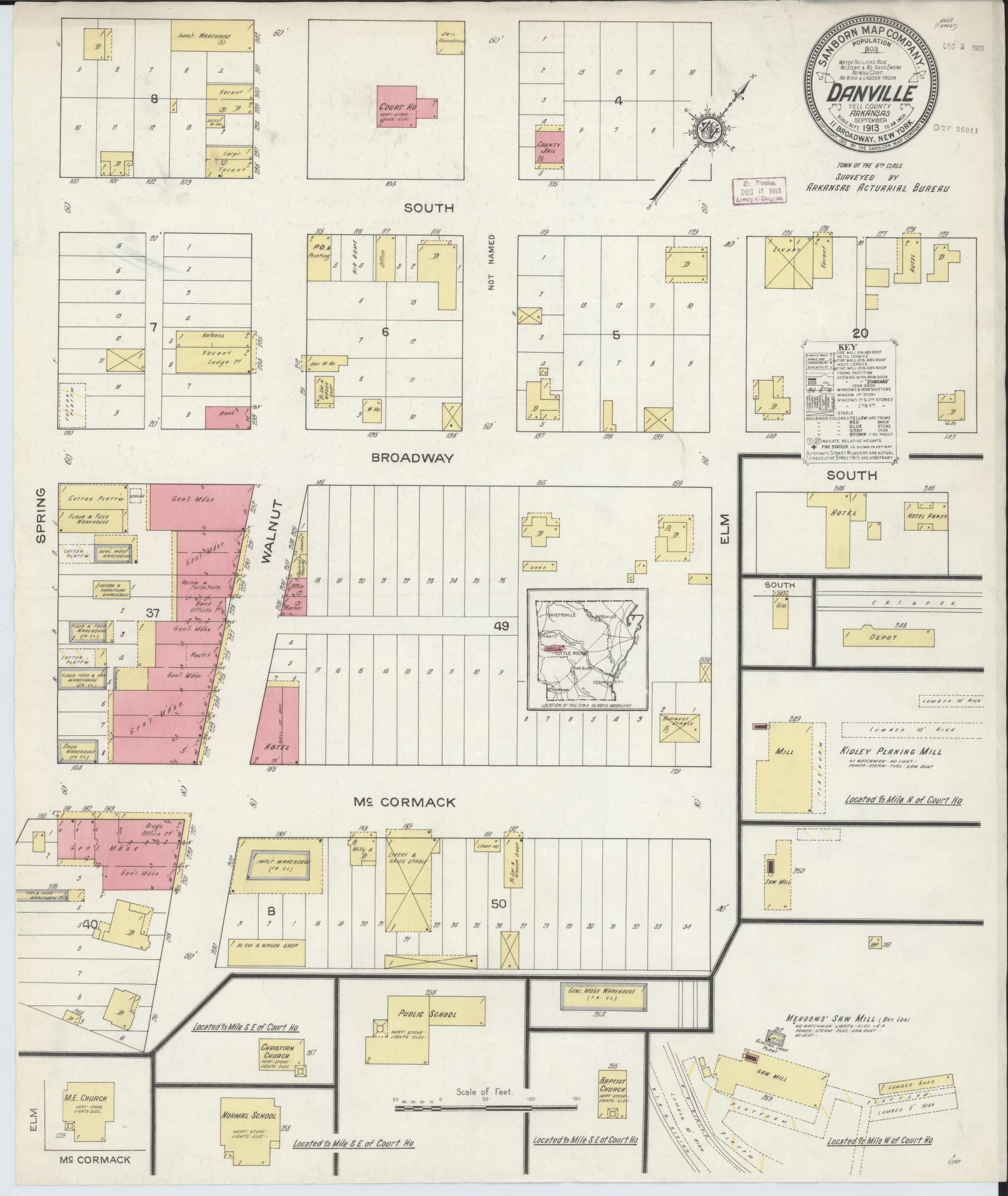Sanborn Fire Insurance Map from Danville, Yell County, Arkansas (1913), Sheet #0001 - Historic Sanborn Fire Insurance Map Print, vintage old map wall art, antique decor, genealogy gift, Arkansas Arkansas map