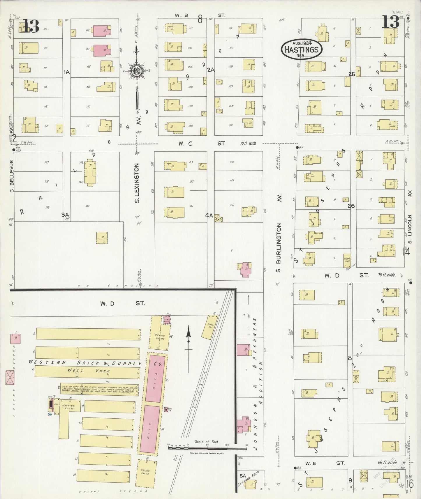 Sanborn Fire Insurance Map from Hastings, Adams County, Nebraska (1924), Sheet #0013 - Historic Sanborn Fire Insurance Map Print, vintage old map wall art, antique decor, genealogy gift, Nebraska Nebraska map