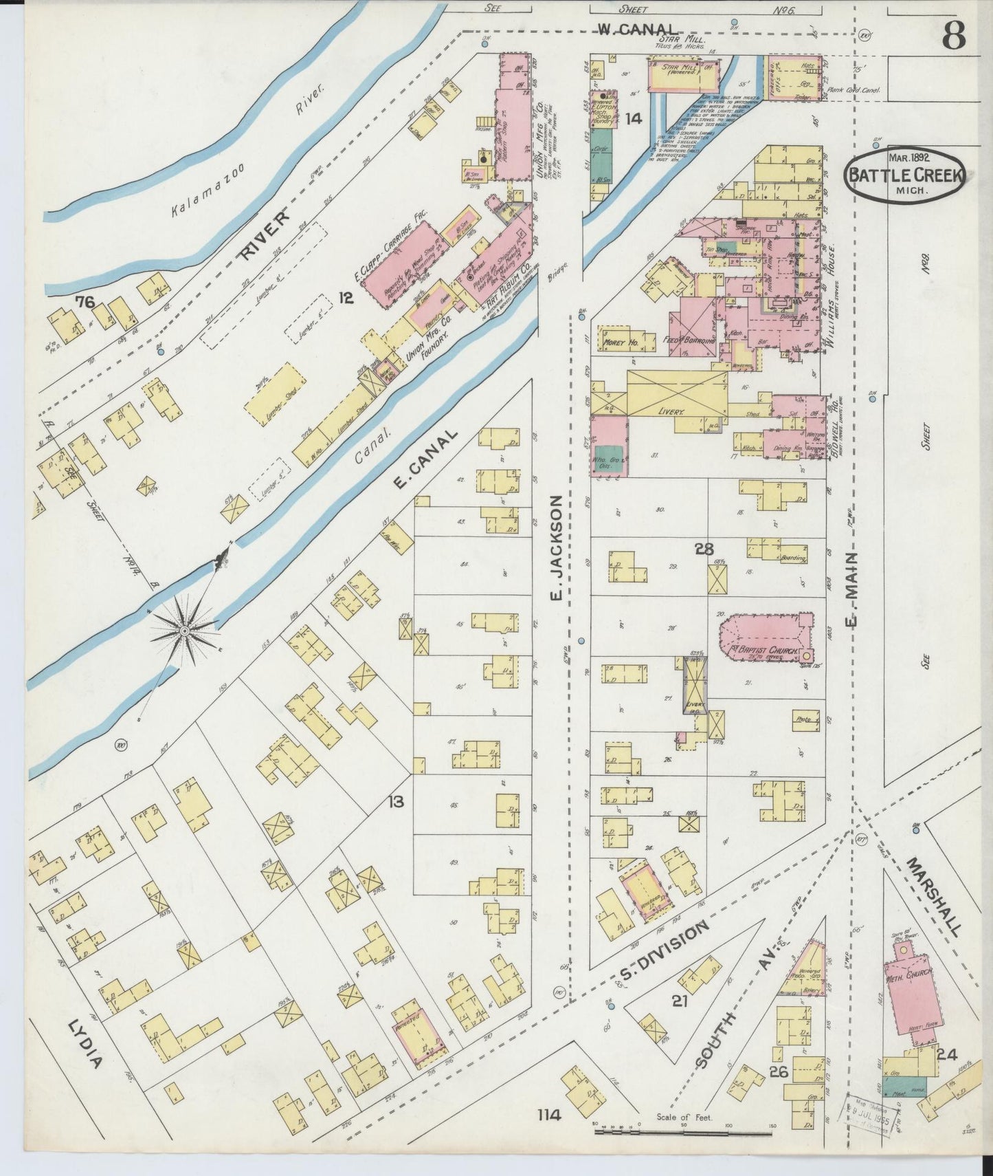 Sanborn Fire Insurance Map from Battle Creek, Calhoun County, Michigan (1892), Sheet #0008 - Complete Map Set gallery image, historic Sanborn map, vintage wall art, Michigan Michigan