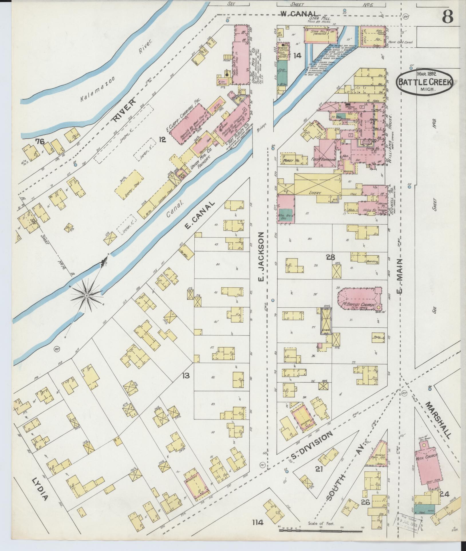 Sanborn Fire Insurance Map from Battle Creek, Calhoun County, Michigan (1892), Sheet #0008 - Complete Map Set gallery image, historic Sanborn map, vintage wall art, Michigan Michigan