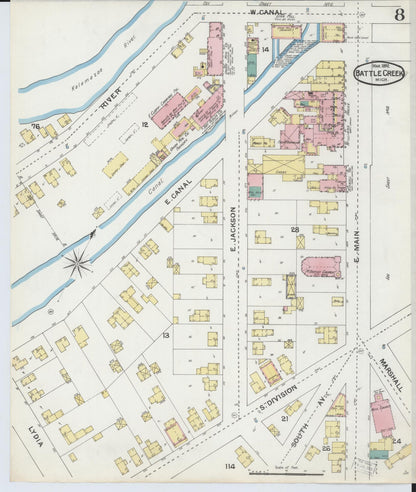 Sanborn Fire Insurance Map from Battle Creek, Calhoun County, Michigan (1892), Sheet #0008 - Complete Map Set gallery image, historic Sanborn map, vintage wall art, Michigan Michigan