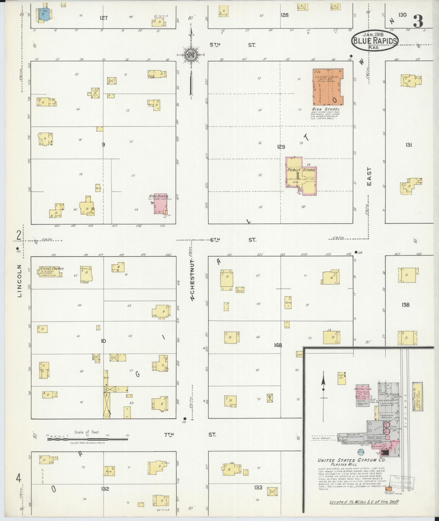 Sanborn Fire Insurance Map from Blue Rapids, Marshall County, Kansas (1918), Sheet #0003 - Historic Sanborn Fire Insurance Map Print, vintage old map wall art, antique decor, genealogy gift, Kansas Kansas map