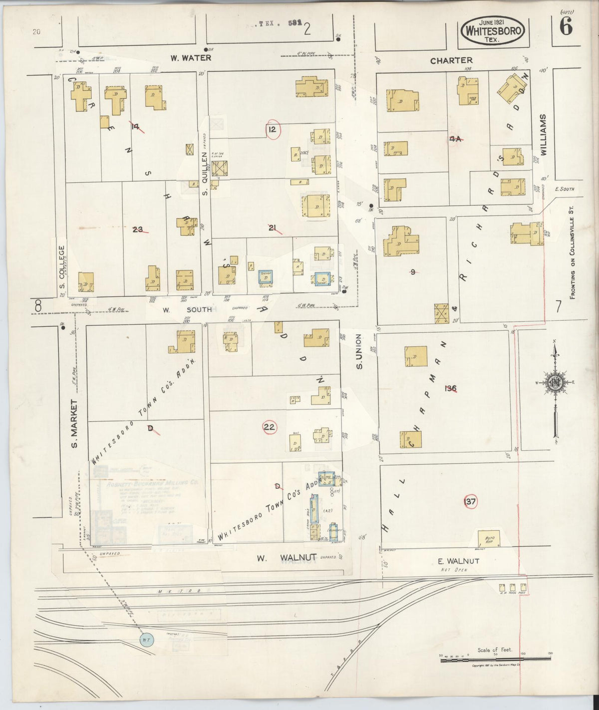 Sanborn Fire Insurance Map from Whitesboro, Grayson County, Texas (1943), Sheet #0006 - Complete Map Set gallery image, historic Sanborn map, vintage wall art, Texas Texas
