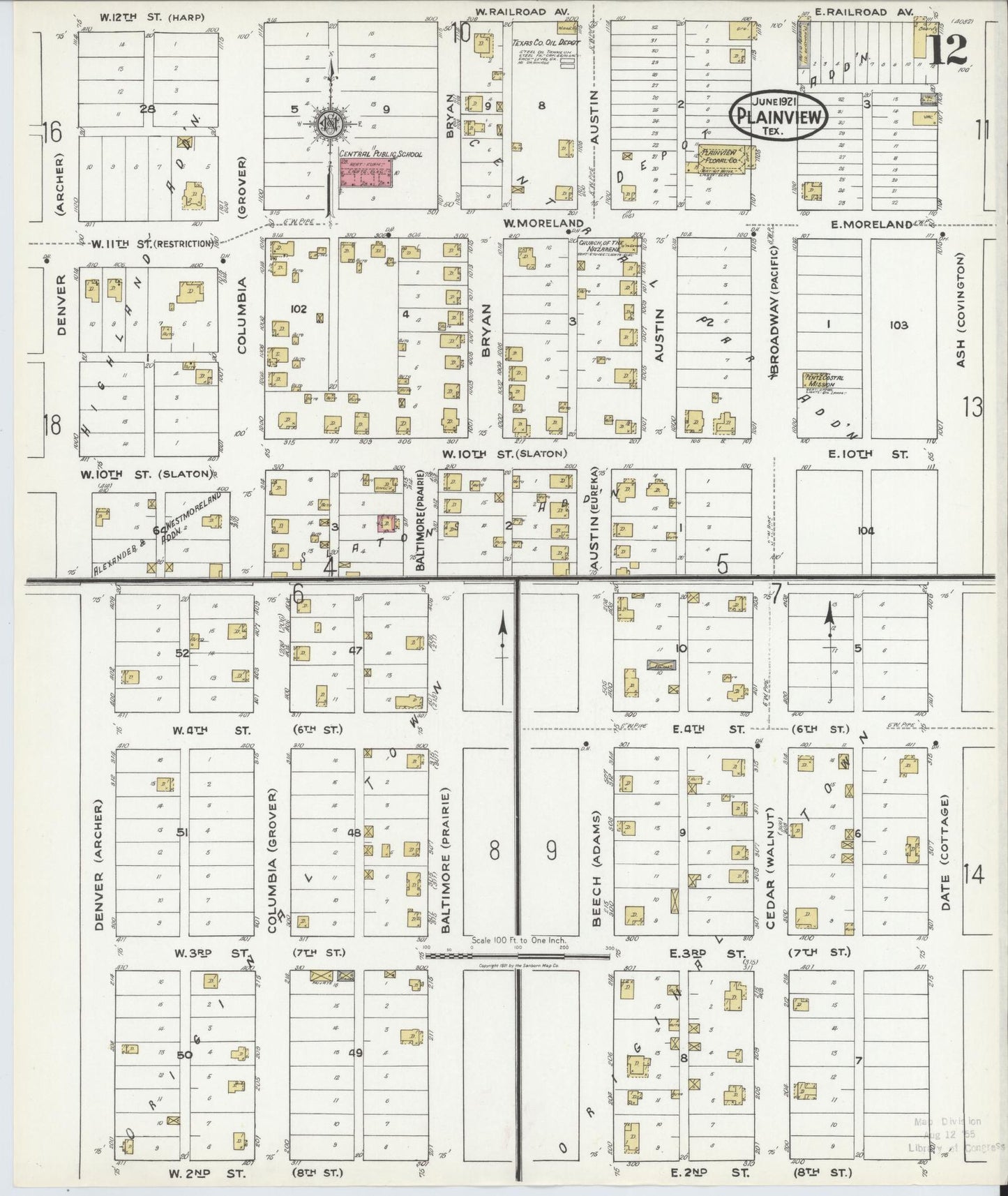 Sanborn Fire Insurance Map from Plainview, Hale County, Texas (1921), Sheet #0012 - Complete Map Set gallery image, historic Sanborn map, vintage wall art, Texas Texas