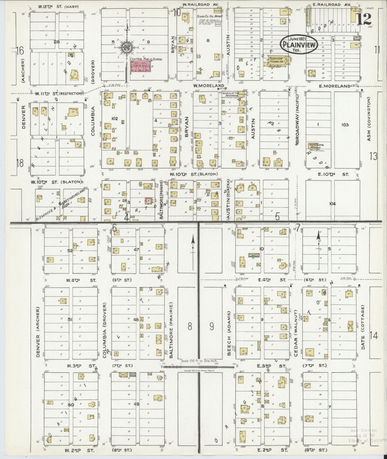 Sanborn Fire Insurance Map from Plainview, Hale County, Texas (1921), Sheet #0012 - Complete Map Set gallery image, historic Sanborn map, vintage wall art, Texas Texas
