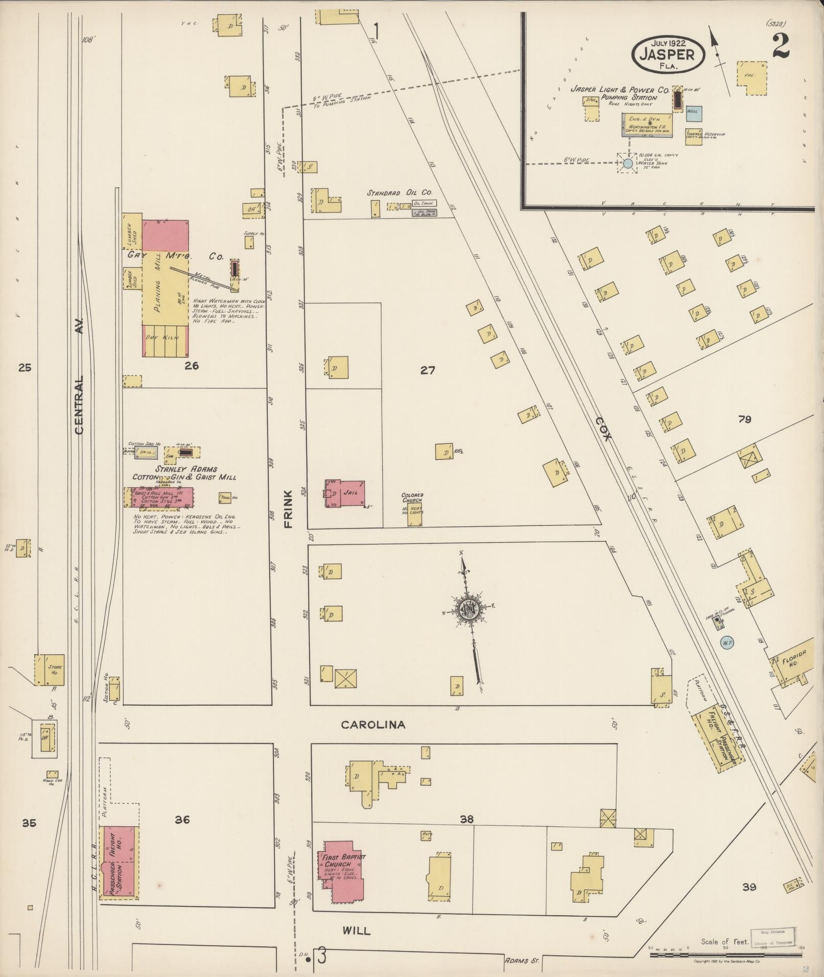 Sanborn Fire Insurance Map from Jasper, Hamilton County, Florida (1922), Sheet #0002 - Historic Sanborn Fire Insurance Map Print, vintage old map wall art, antique decor, genealogy gift, Florida Florida map