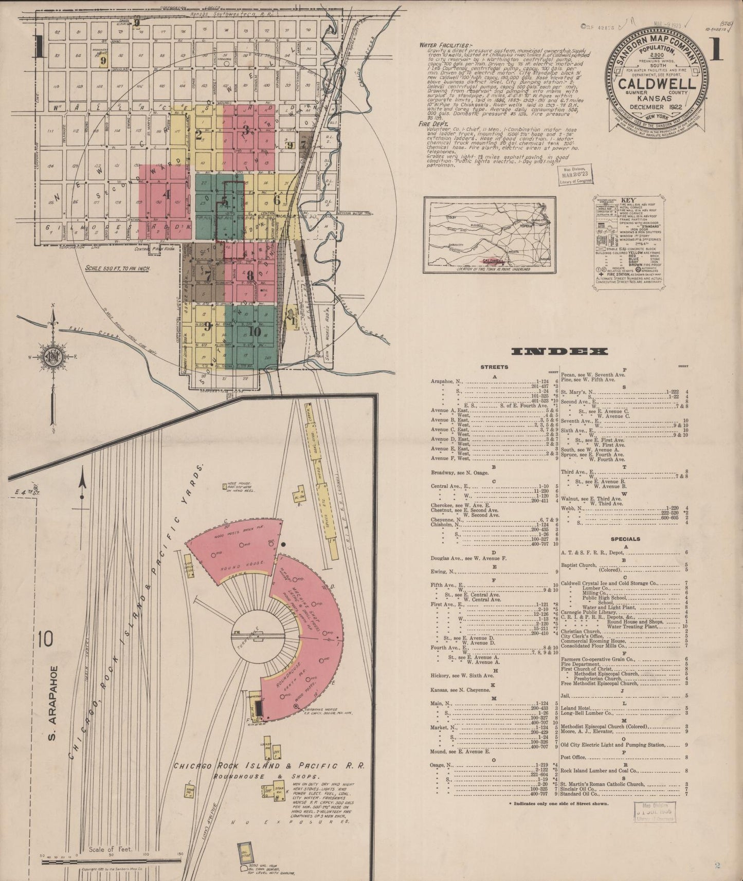 Sanborn Fire Insurance Map from Caldwell, Sumner County, Kansas (1922), Sheet #0001 - Complete Map Set gallery image, historic Sanborn map, vintage wall art, Kansas Kansas