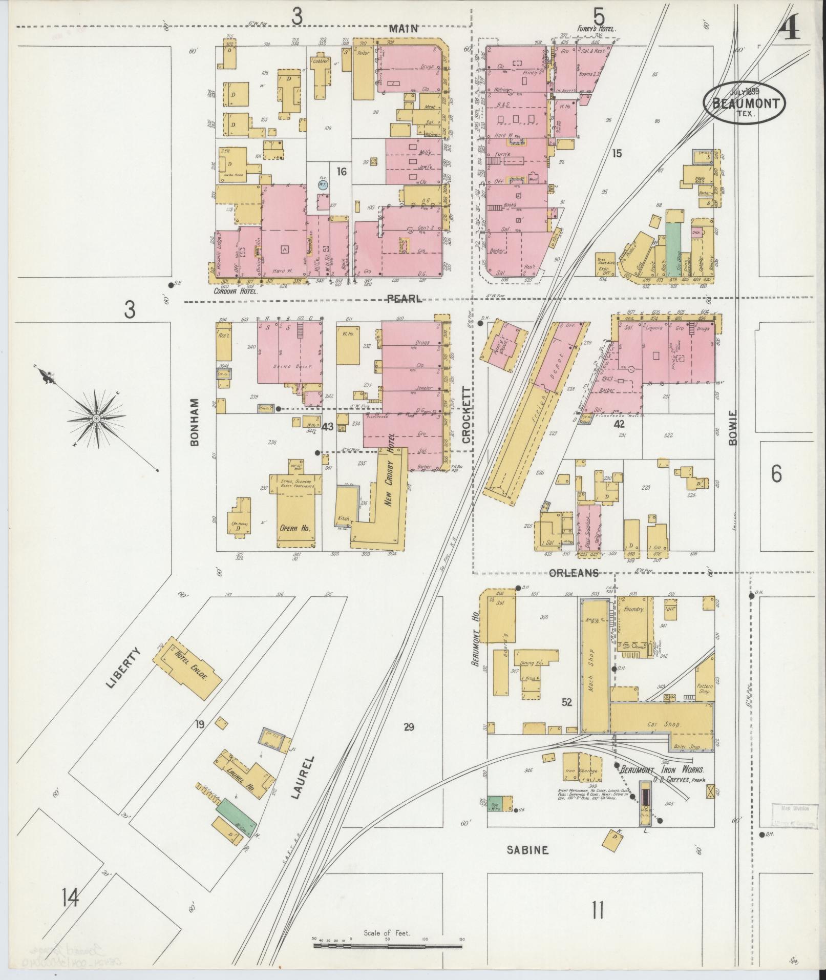 Sanborn Fire Insurance Map from Beaumont, Jefferson County, Texas (1899), Sheet #0004 - Historic Sanborn Fire Insurance Map Print, vintage old map wall art, antique decor, genealogy gift, Texas Texas map