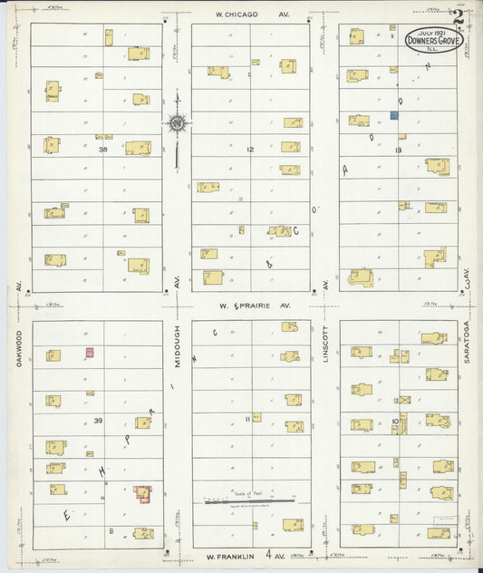 Sanborn Fire Insurance Map from Downers Grove, Dupage County, Illinois (1921), Sheet #0002 - Historic Sanborn Fire Insurance Map Print, vintage old map wall art, antique decor, genealogy gift, Illinois Illinois map