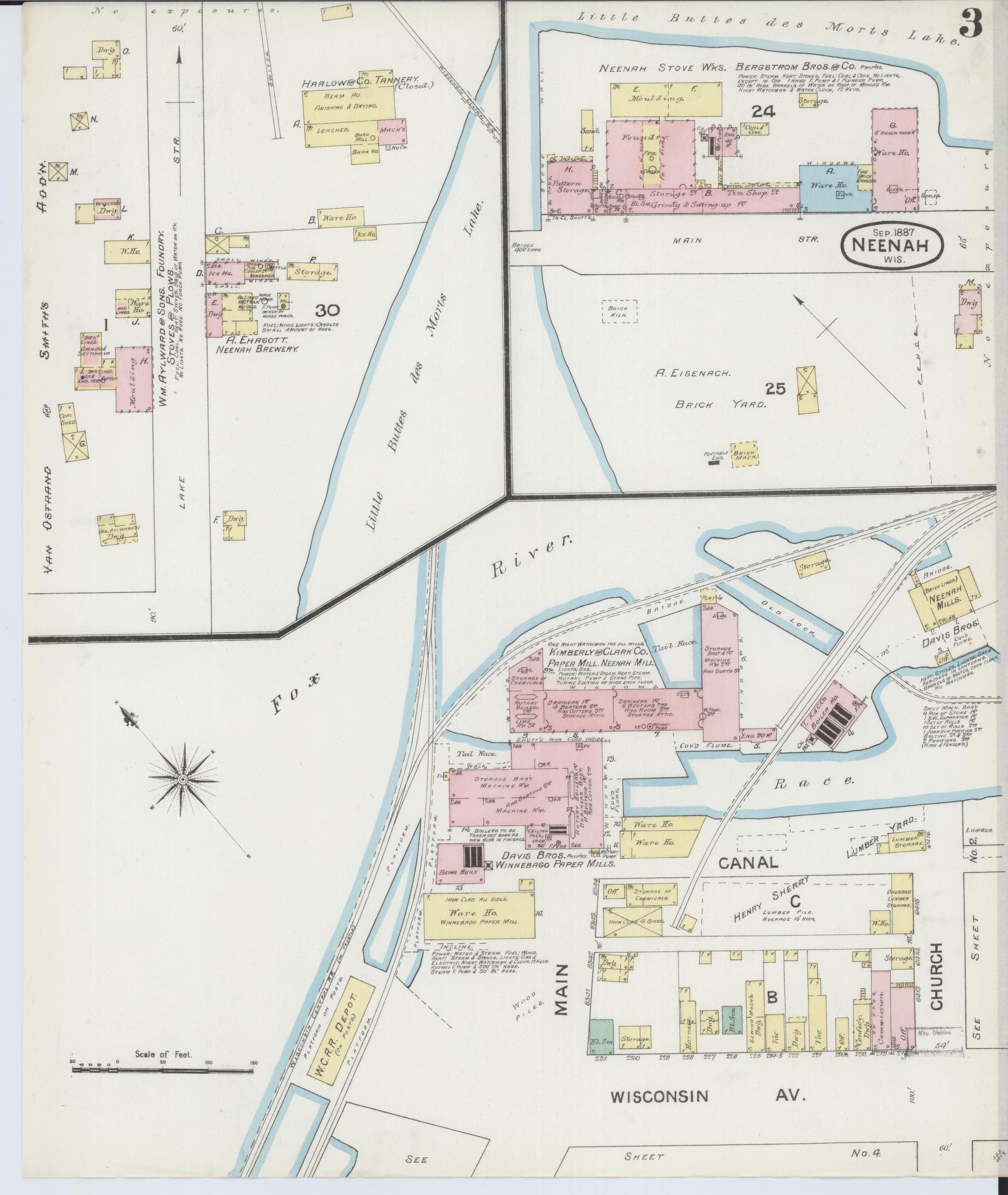 Sanborn Fire Insurance Map from Neenah, Winnebago County, Wisconsin (1887), Sheet #0003 - Complete Map Set gallery image, historic Sanborn map, vintage wall art, Wisconsin Wisconsin