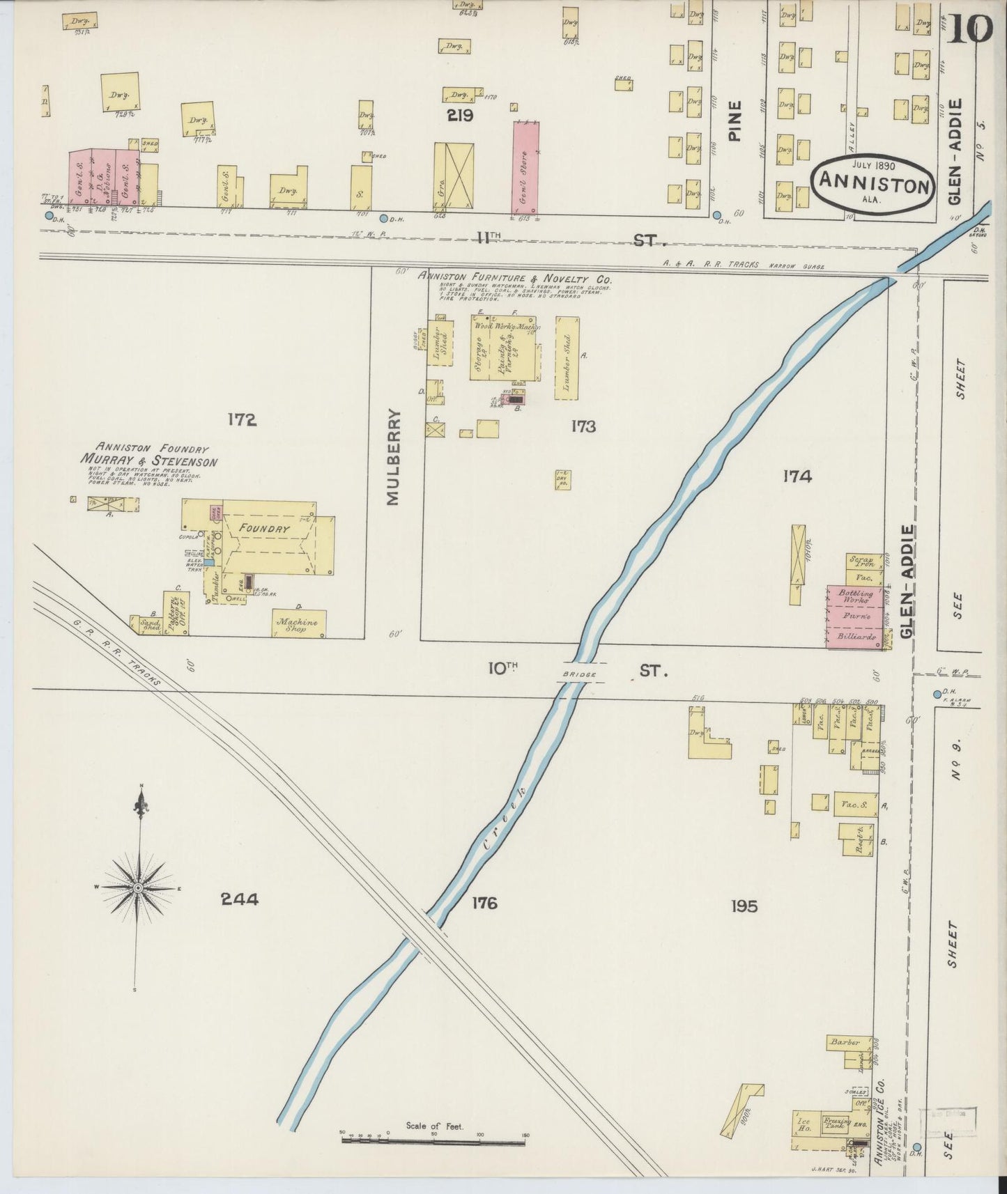 Sanborn Fire Insurance Map from Anniston, Calhoun County, Alabama (1890), Sheet #0010 - Complete Map Set gallery image, historic Sanborn map, vintage wall art, Alabama Alabama