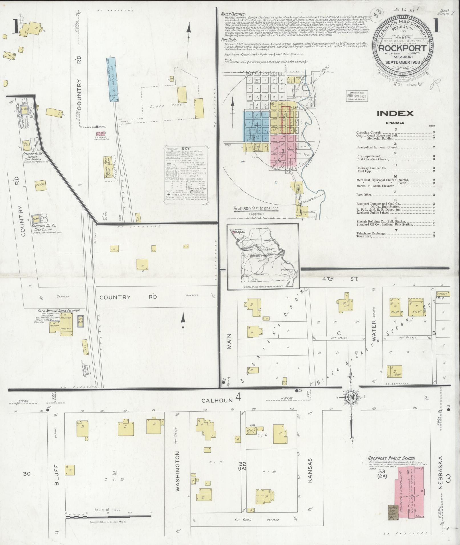Sanborn Fire Insurance Map from Rockport, Atchison County, Missouri (1928), Sheet #0001 - Historic Sanborn Fire Insurance Map Print, vintage old map wall art, antique decor, genealogy gift, Missouri Missouri map