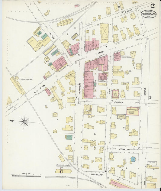 Sanborn Fire Insurance Map from Horseheads, Chemung County, New York (1908), Sheet #0002 - Historic Sanborn Fire Insurance Map Print, vintage old map wall art, antique decor, genealogy gift, New York New York map
